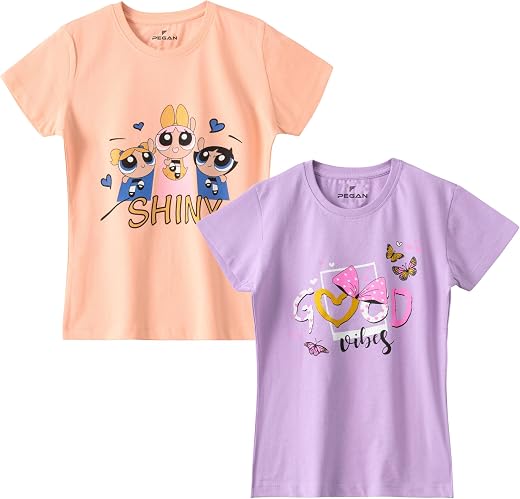 PEGAN Girls Pack of 2 T-Shirt | Soft Cotton Half Sleeve Round Neck Top for Kids | Comfortable for School, Home &amp; Playtime...