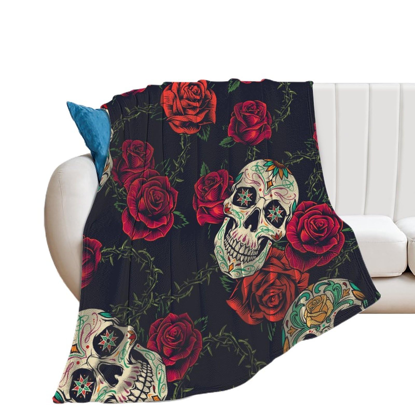 Couverture polaire crâne roses en flanelle douce pour lit et canapé de 130x150cm