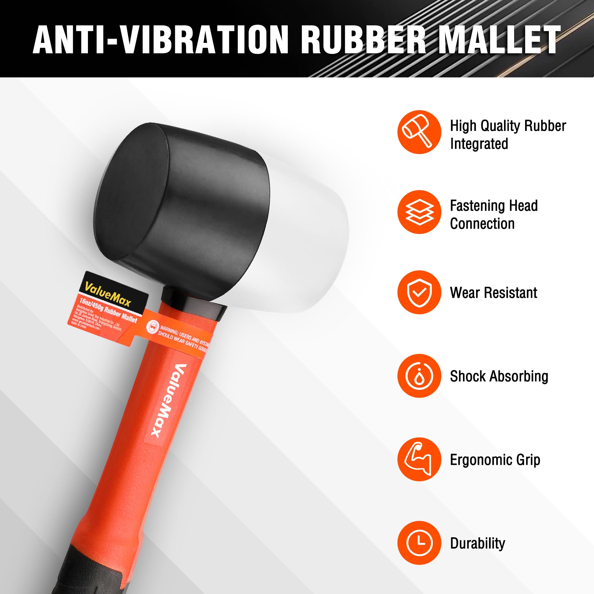 ValueMax Rubber Mallet 16 oz/ 450 g, Mallet Hammer with Fibreglass Handle - Image 2