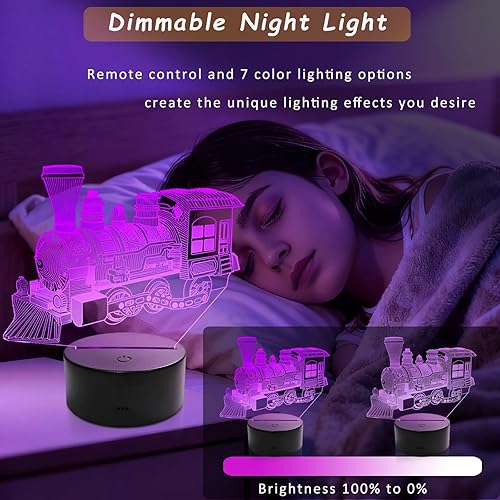 Miniatura 6 de Luz nocturna de tren de vapor, lámpara de ilusión 3D para niños, multicolor cambiante con control remoto de temporizador, trenes de juguete, regalos