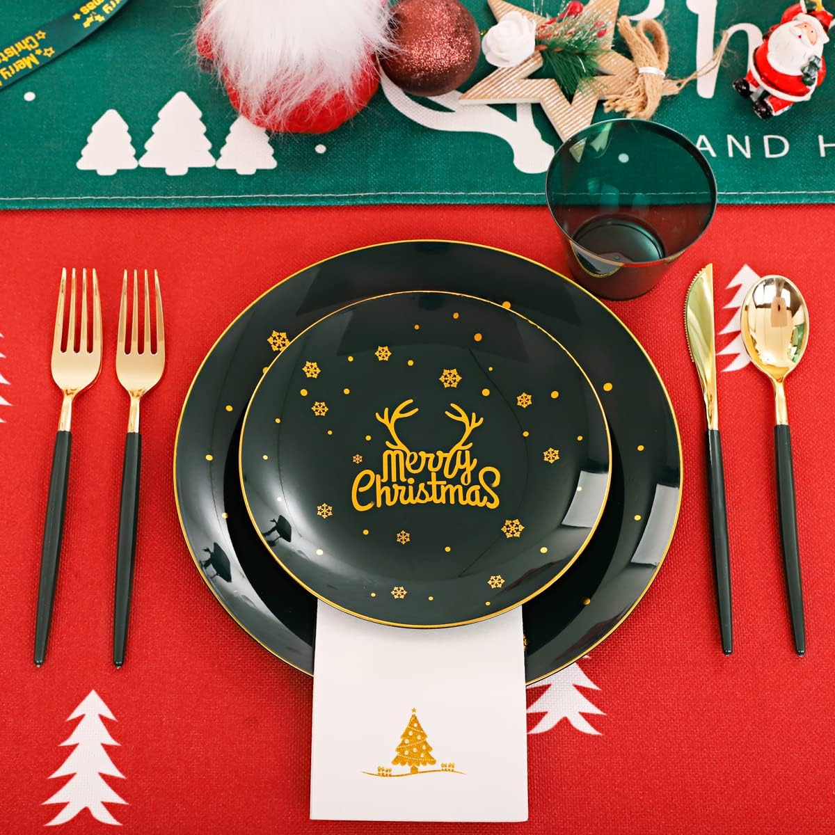 Nervure 175PCS Christmas Plastic Plates - Green and Gold Disposable Plates & Gold Plastic Silverware with Green Handle include 50 Plates 25Knives 25Forks 25Spoons 25Napkins for Christmas Party