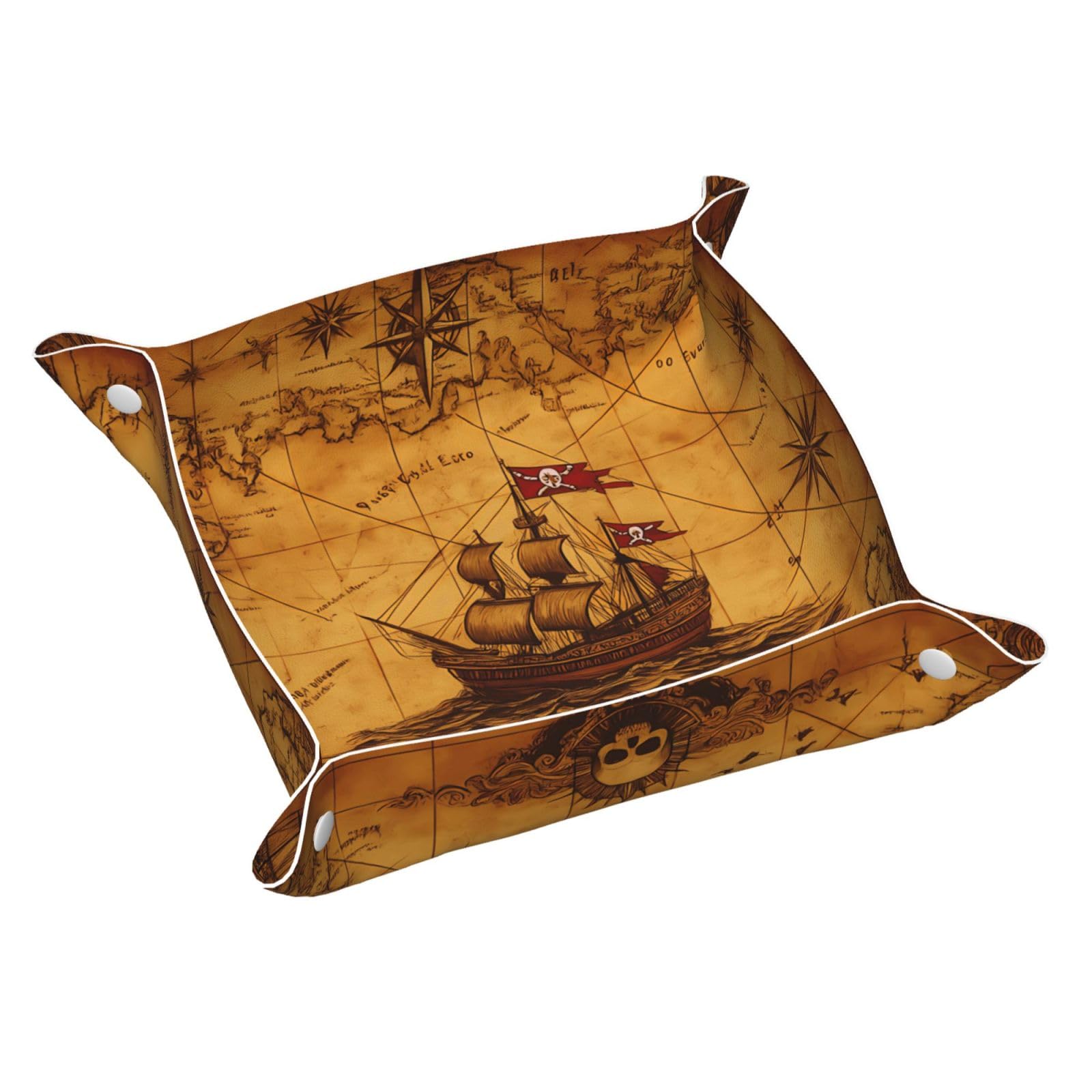 HLBSDM Vinatge Nautical Map & Sailboat Tray Men's Leather Valet Parking Portable Entrance Trays Bedside Storage Box