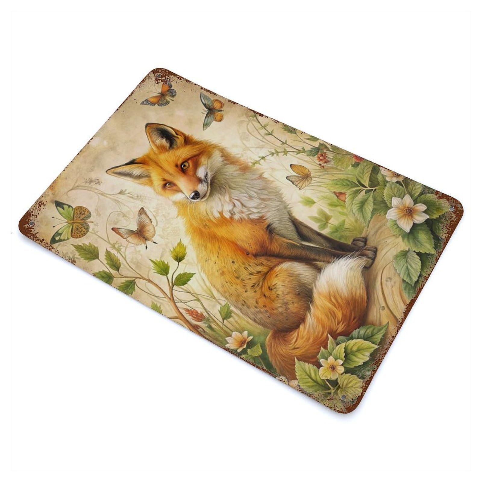 Fox And Butterflies in Nature 11.8"x7.9" Rusty Metal Tin Sign, Shabby Chic Decor for Bistro, Counter And Cafe Decor