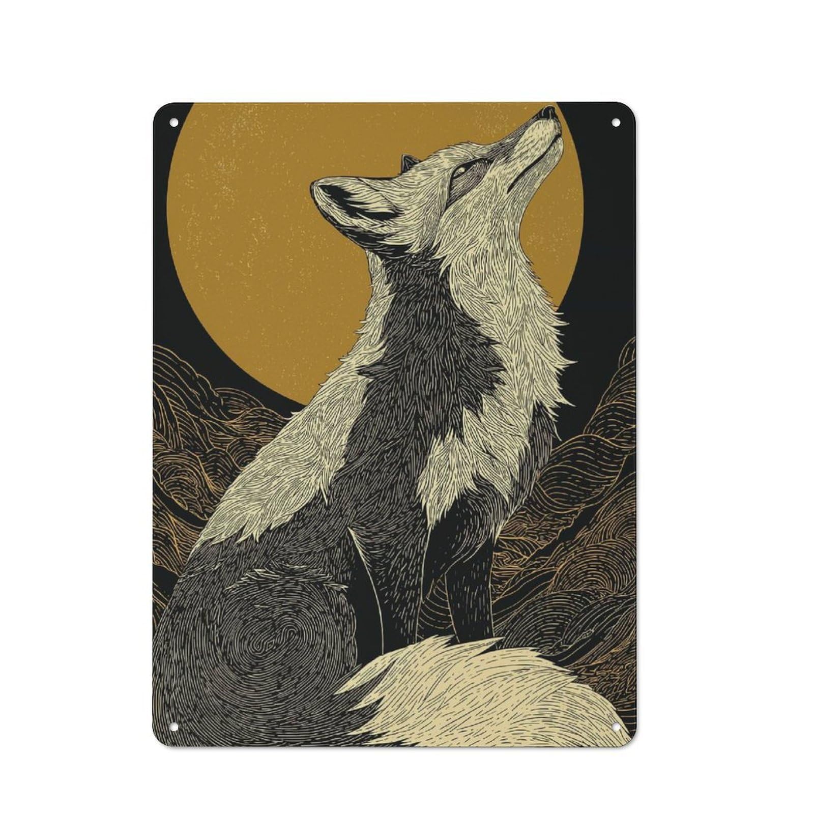 Junmoney Fox Howling At The Moon Illustration Retro Printed Metal Sign 40X30cm For Living Room Wall, Wall Decor For People Reorganising Living Room