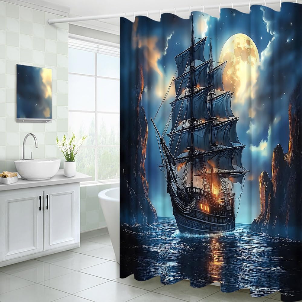 Pirate Ship Shower Curtain Nautical Vintage Gothic Sailboat Fantasy Ocean Full Moon Adventure Themed Ocean Fabric Bathroom Decor Curtains with Hooks, 70" Wx90 H