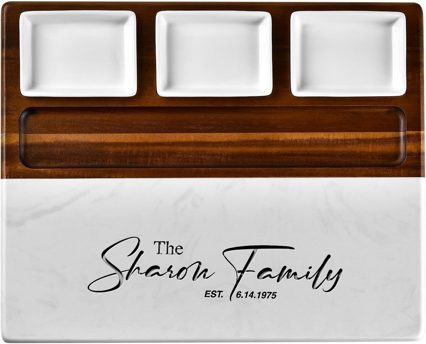 Shanik Wood Marble Cheese Board Set – Acacia & Marble Charcuterie Board with 3 Removable Ceramic Bowls & Stainless Steel Cutlery, Personalized Engraving, Wedding & Housewarming Gift