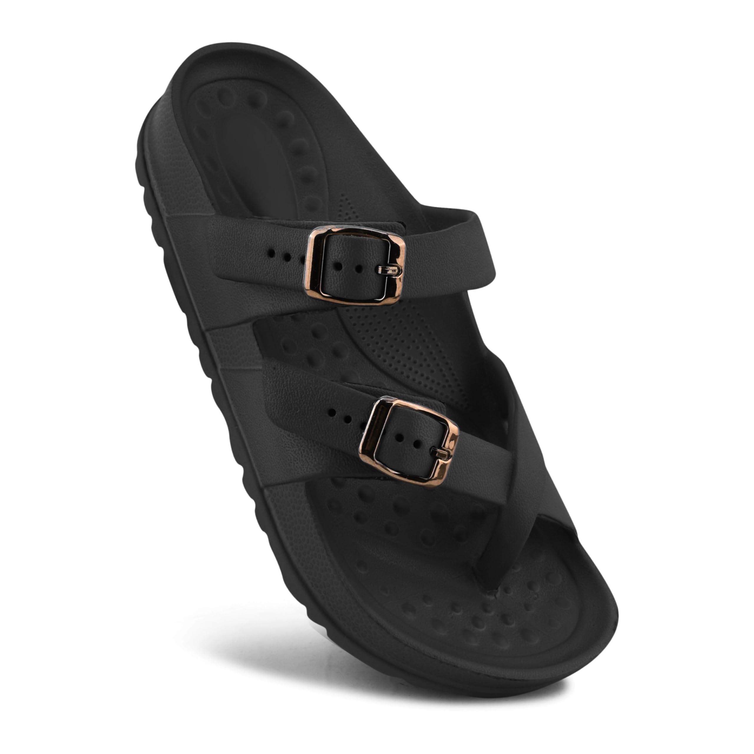 penilo Women's Double Buckle Slide Sandals, Beige, Toe Ring Strap, Cushioned Footbed-picture-11