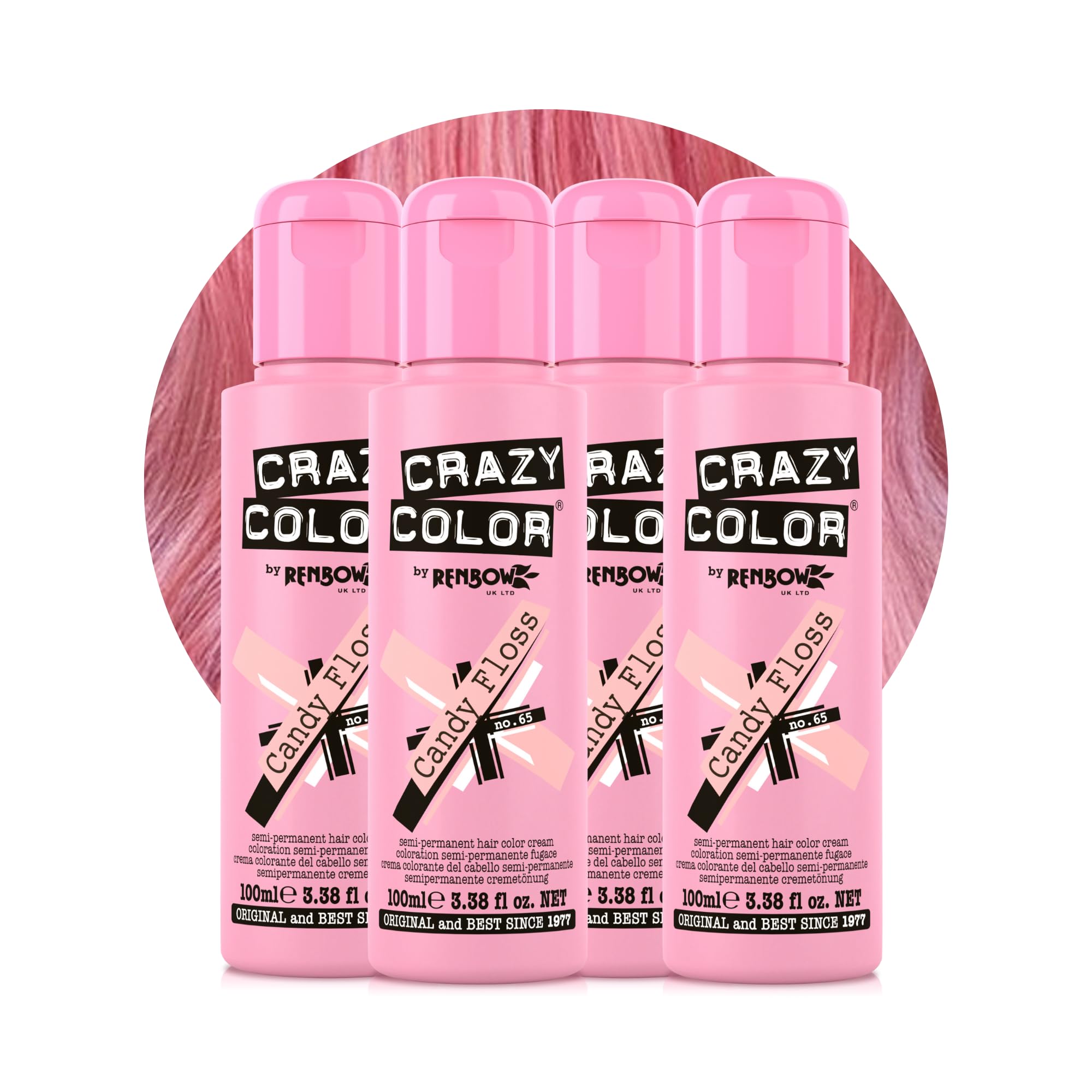 Crazy Color Vibrant Candy Floss Semi-Permanent 4 Pack Quad Hair Dye. Highly Pigmented Pastel Pink Conditioning & Oil Nourishing Vegan Formula No Bleach or Ammonia 400ml