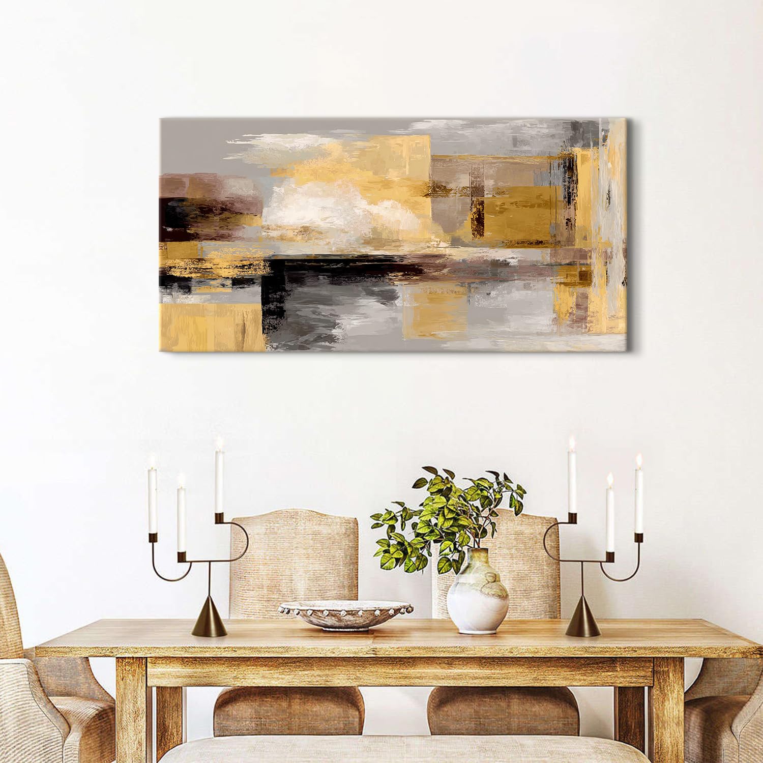 AREBOLO Grande Tableau Décorative Abstrait 50x100 cm - Affiches Impression sur Toile Moderne - Décoration Murale pour Salon et Chambre Or Jaune - Noir Beige - Abstraction Décoration Murale Luxe
