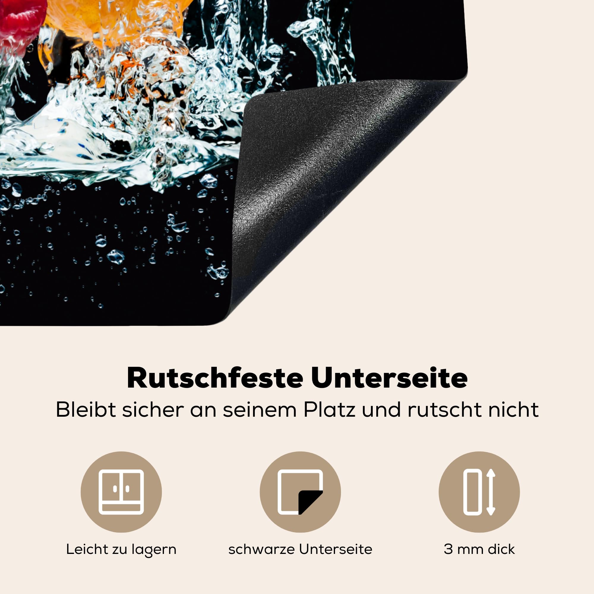 KitchenYeah© Herdabdeckplatte Einteilig Küche Ceranfeld Abdeckplatte Cerankochfeld Abdeckung Induktionskochfeld Schutzmatte Wasser - Obst - Orange - Erdbeeren - Kirsche - Schwarz - 60x52 cm