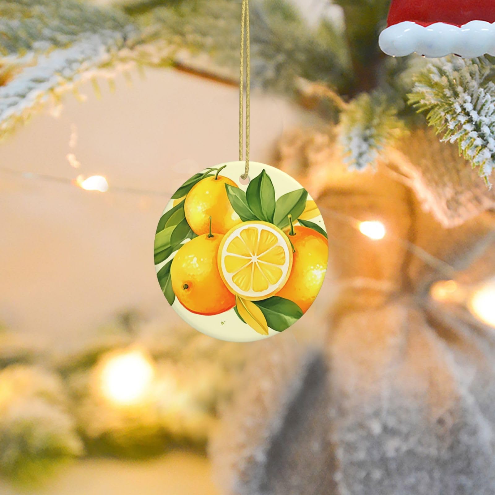 Christmas Tree Ornaments Ceramics Christmas Round Decorations Watercolor Lemon Fruit Ceramics Ornaments Circle Pentagram Xmas Tree Hanging Pendant for Christmas Tree Party Holiday Home Decor