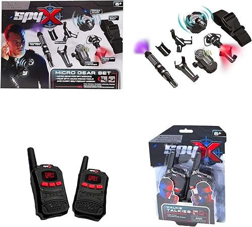 MUKIKIM SpyXMicro Gear Set + Walkie Talkies  4 herramientas de espía imprescindibles unidas a un cinturón ajustable + 2 jugadores Buddy Play Walkie
