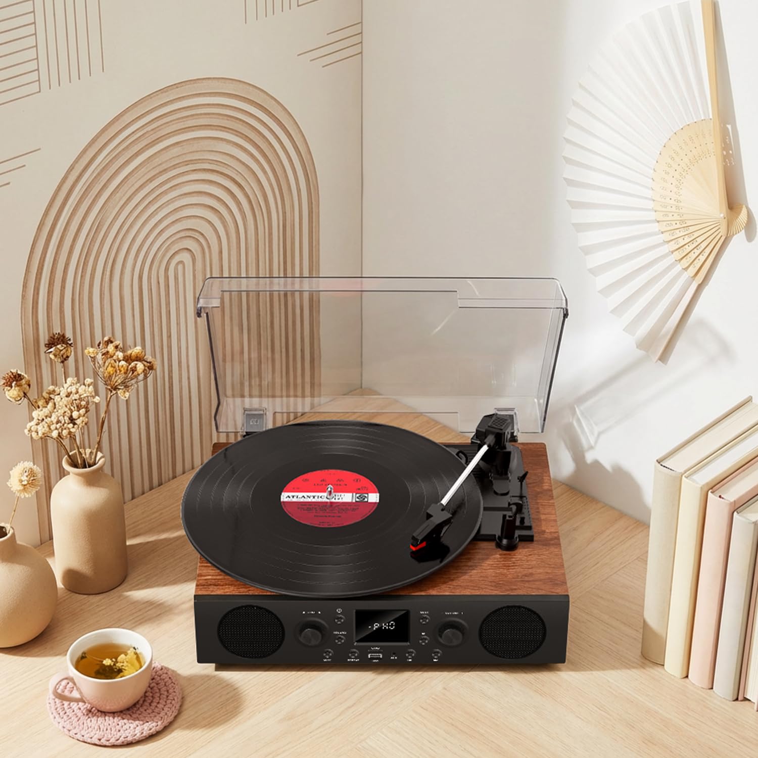 Giradischi in vinile con altoparlante integrato, giradischi Bluetooth con registrazione USB, giradischi vintage a 3 velocità con ricezione Bluetooth, radio FM, uscita RCA e AXU-in, lettore in vinile