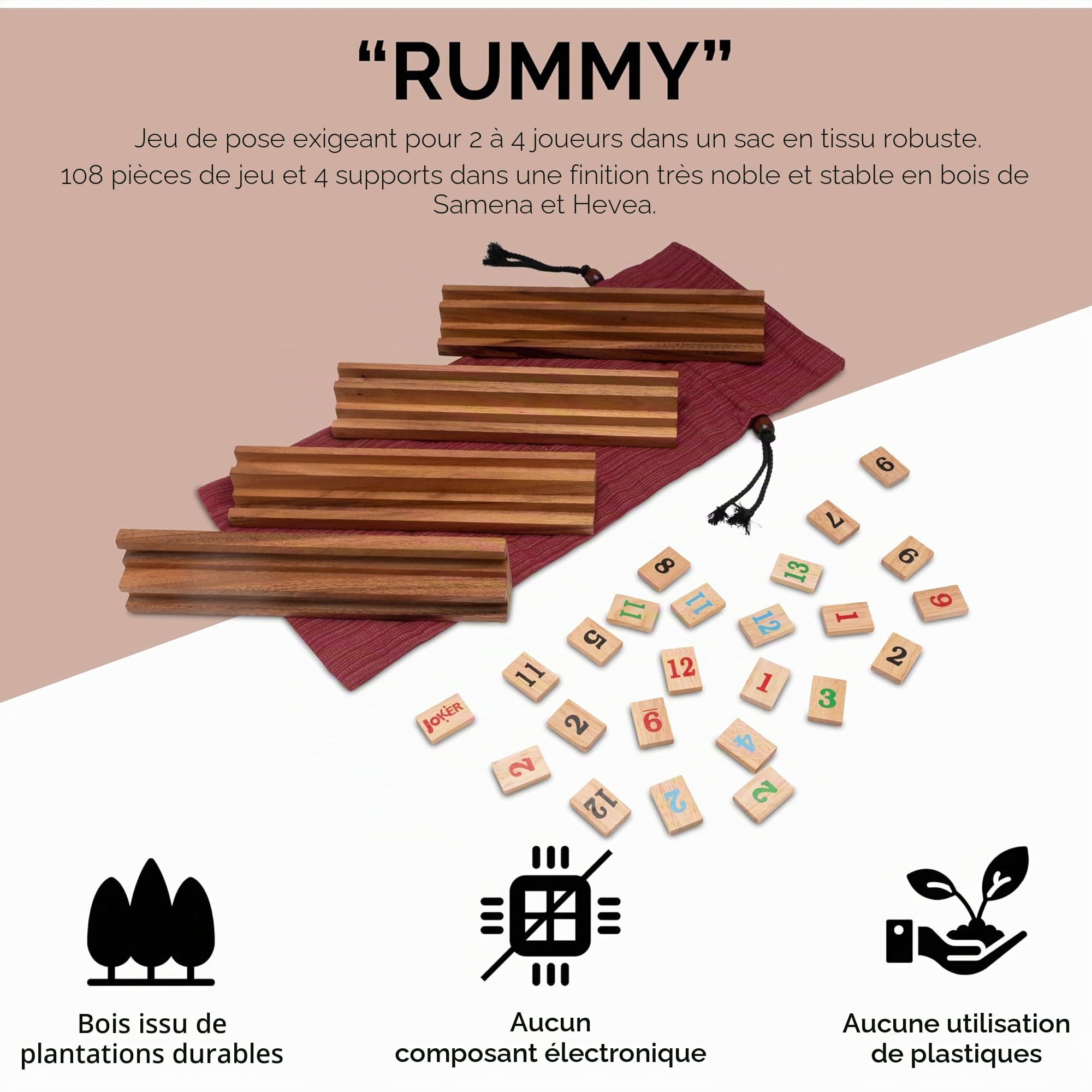 LOGOPLAY Rummy - Jeu de société - Jeu de Placement avec 108 pièces de Jeu dans Un Sac en Tissu - Supports et pièces en Bois précieux