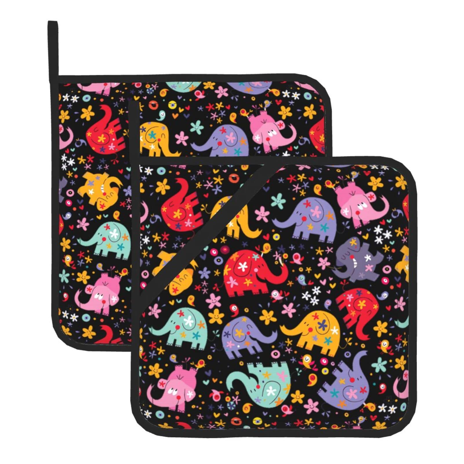 WHJDPP Colorful elephant Prints Square Hot Pads for Kitchen - Waterproof Pot Holders Set of 2, Durable Trivets with Pocket & Hanging Loop for Hot Dishes & Oven Use