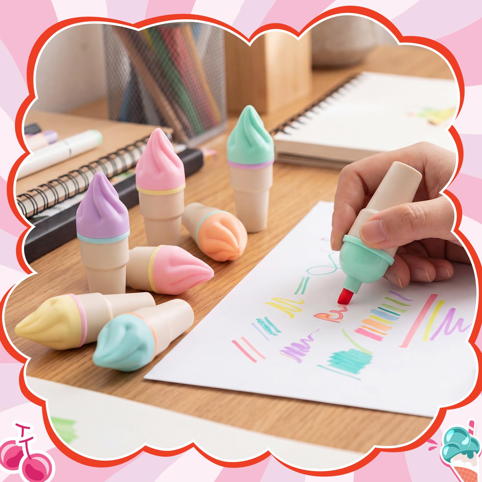 Gueevin 24 juegos de recompensas de regalos de fin de año, resaltadores de helado a granel con tarjetas y bolsas, juego de resaltadores en forma de helado, bonitos marcadores pastel estacionarios para