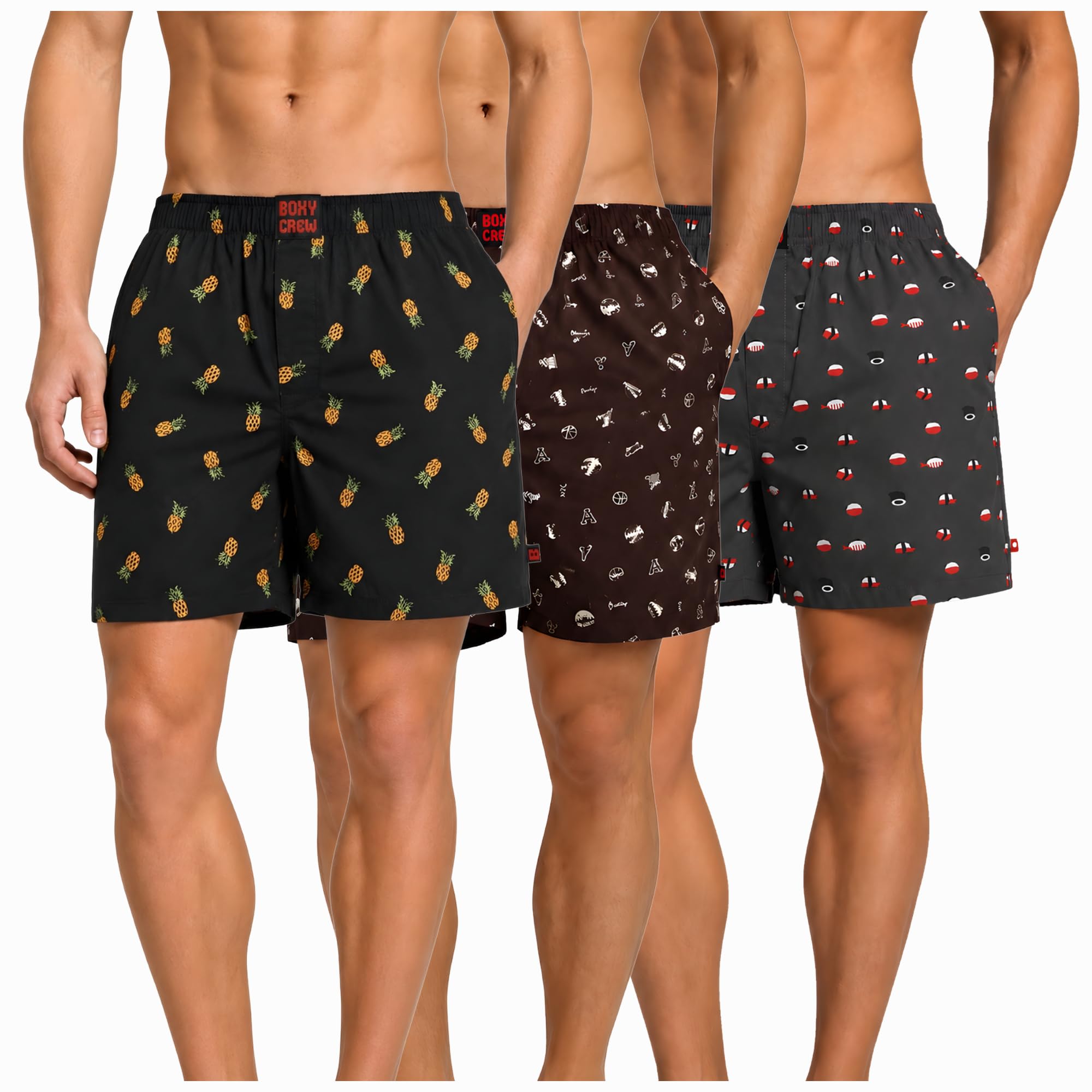 Men's 100% Cotton Boxer Shorts Pack of 3, Charcoal, Brown & Charcoal | Woven Boxers with Side Pockets, No-Marks Elastic Waistband, Breathable Relaxed Fit | Style 004-005-012-image-49