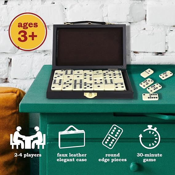 Double Six Domino Set in Wooden Box - Premium 28-Piece Classic Table Tiles Educational Game for Adults and Kids Travel Friendly - Board Games for Boys and Girls- Ideal for Game Night and Gifting