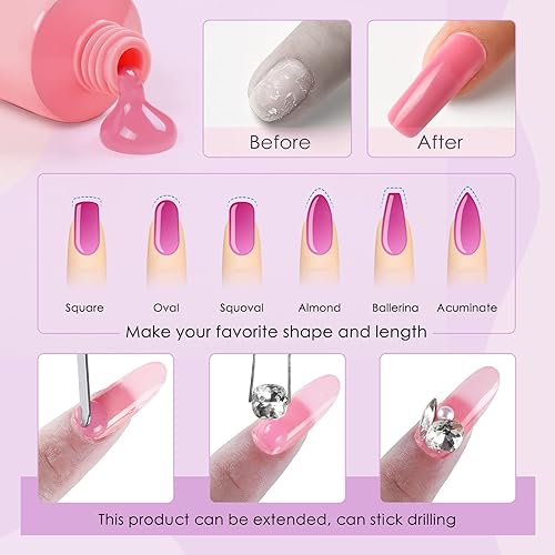 Miniatura 3 de Kit de gel de extensión de uñas de polietileno, 3 colores, gel de uñas transparente rosa con lámpara de uñas, puntas de solución deslizante, kit de