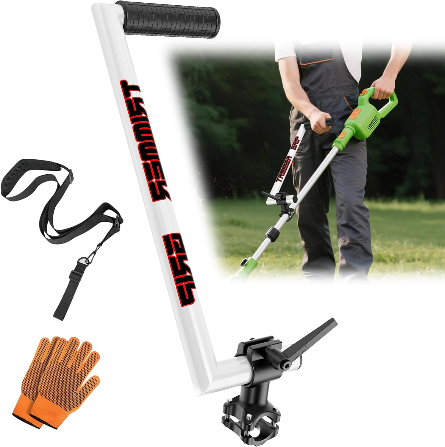 Upgraded Weed Eater Handle, String Trimmer Handle Extension Back Saver, Ergonomic Weed Wacker Grip with Adjustable Shoulder Strap and Gloves for Lawn Care, Landscaping, Yard Trimming (17")
