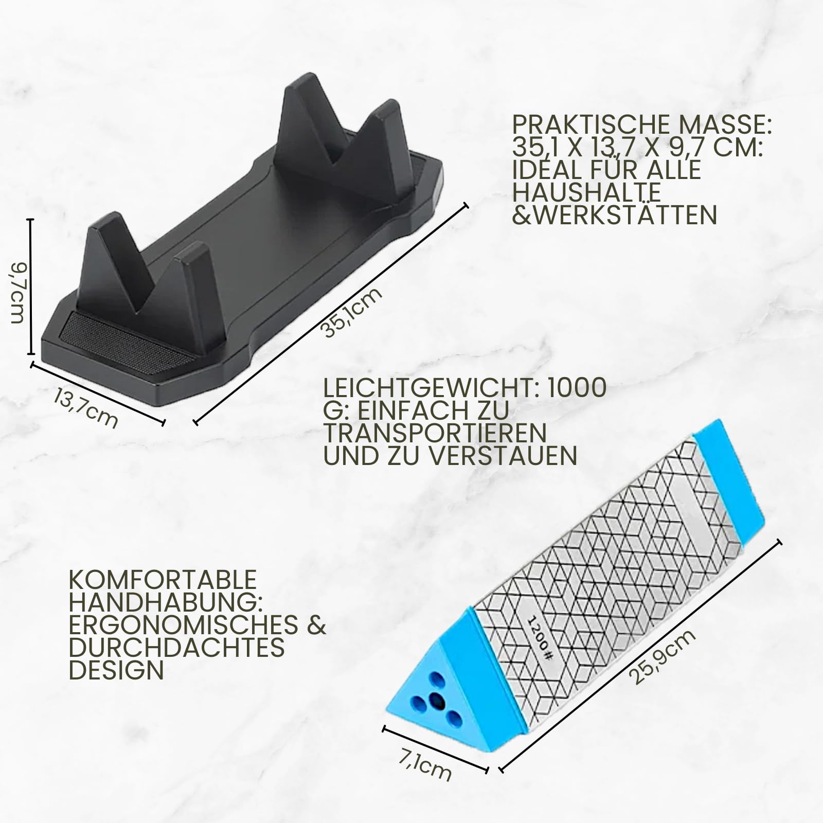 Dreiseitiger Diamant-Schleifstein – Hochwertiger Messerschärfer für Grob- & Feinschliff – Diamant Messerschleifer für Messer & Scheren – Wetzstahl mit 150/325/1200 Körnung