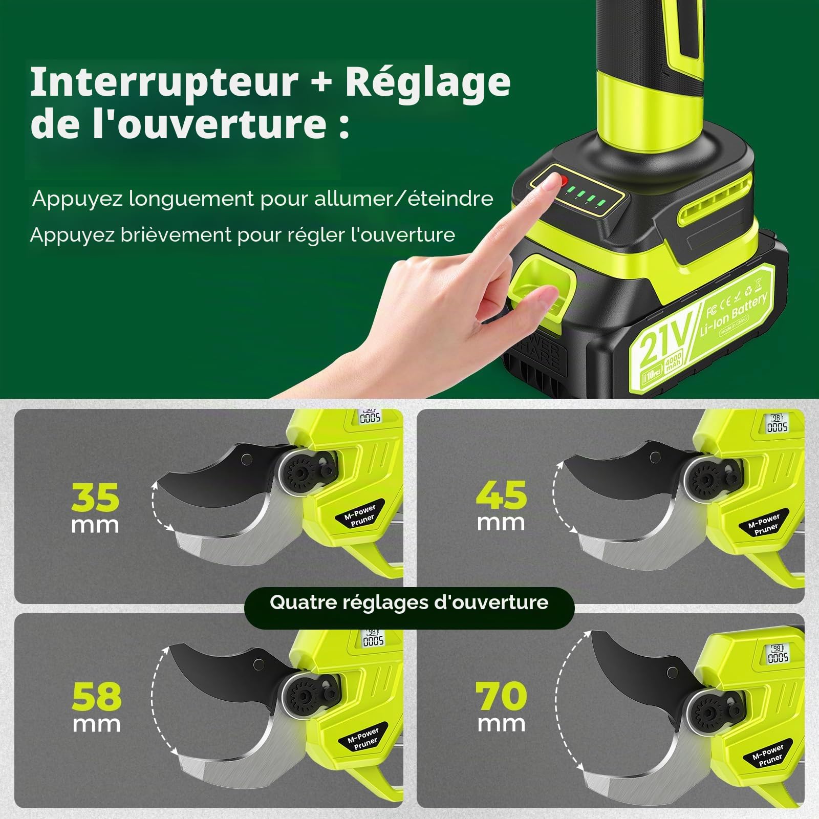 Sécateur Électrique Sans Fil, Ouverture de lame 70 mm & Capacité de coupe 50-60mm, 1200W Secateur Electrique Professionnel avec 4 Niveaux, Écran, 4000mAh Batterie & Lame SK7 tranchante pour Arbres