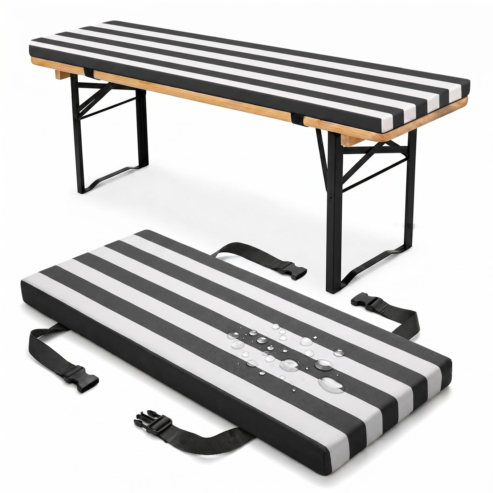 PTKG Bench Cushion Outdoor Water Resistant Thickness 3cm Picnic Bench Cushions Easy to Clean Removable Cover Wooden Picnic Bench Stripe Outdoor Furniture for Kitchen Patio,Black,120x23x3cm