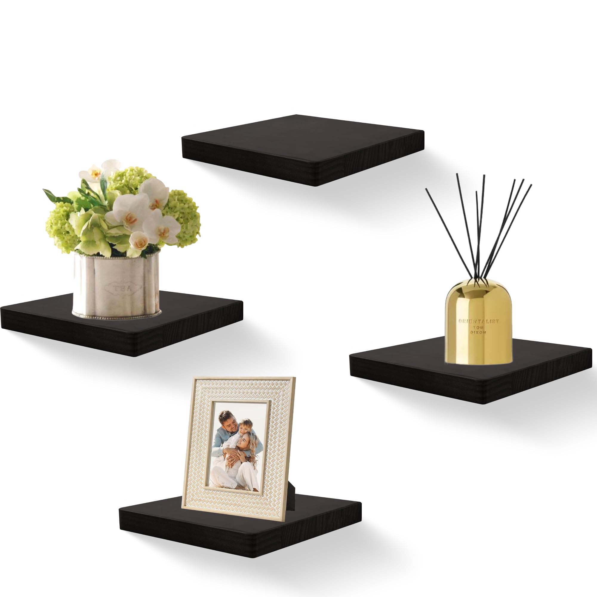 MIHORLIFE 20X20cm Wooden Square Floating Shelves, Compact Style Mini Wall Shelf for Small Objects, Hanging Wall Shelf Decoration for Bedroom, Living Room, Set of 4(Rustic Black)