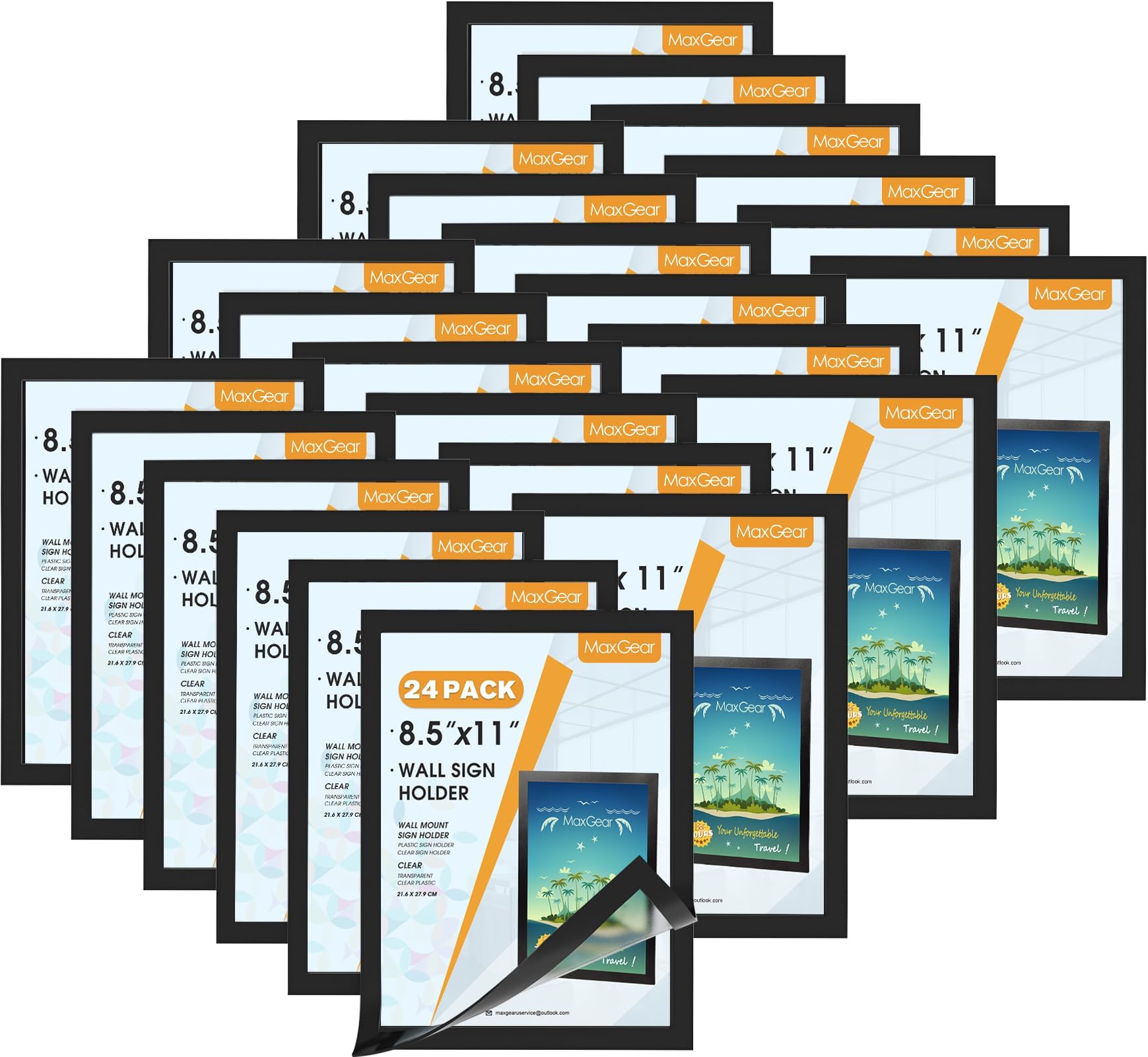 MaxGear Wall Mount Sign Holder 8.5 x 11, Self Adhesive Magnetic Display Picture Frames with Strong Magentic Border and Clear PVC, Document Poster Paper Wall Sign Holder for Home Office Store, 24 Pack