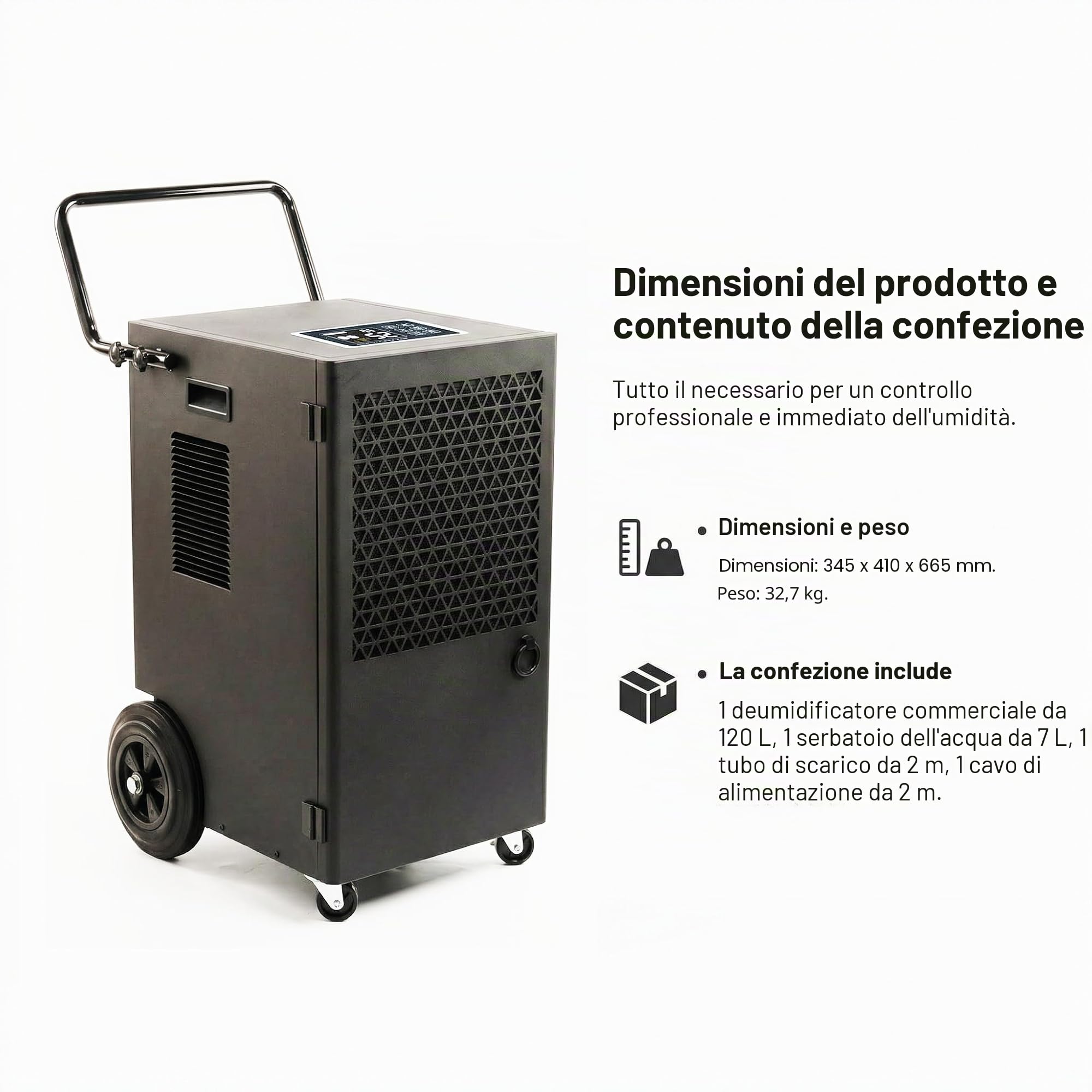 Kalopsia Deumidificatore Casa Muffa Professionale: Potente 120L/Giorno | Controllo Automatico Umidità e Protezioni - Serbatoio 7L con Scarico Diretto | Ideale per Ambienti Grandi Cantina Ufficio