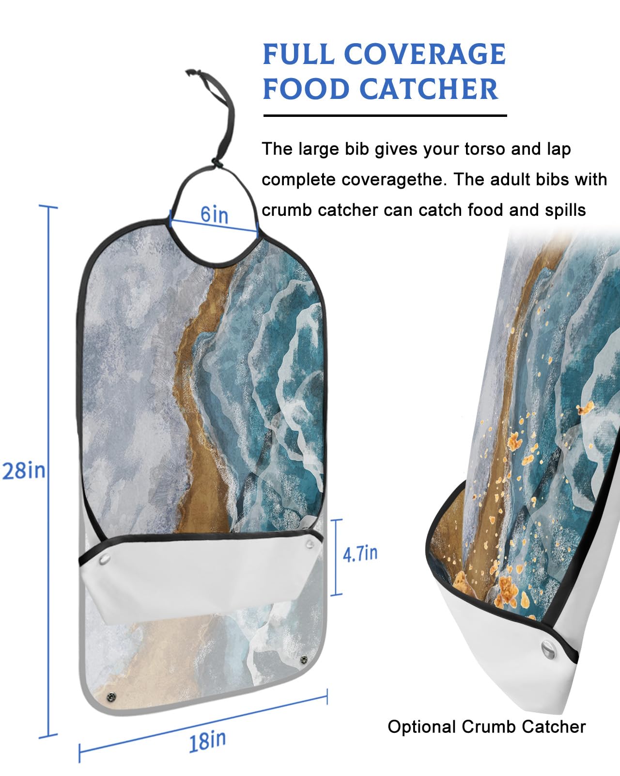 Marble Beach Adult Bib for Eating with Crumb Catcher,Washable & Waterproof Terry Cloth Adjustable Elderly Women Men Adult Bibs Funny Apron Clothing Protector Gradual Multi Modern Abstract Boho