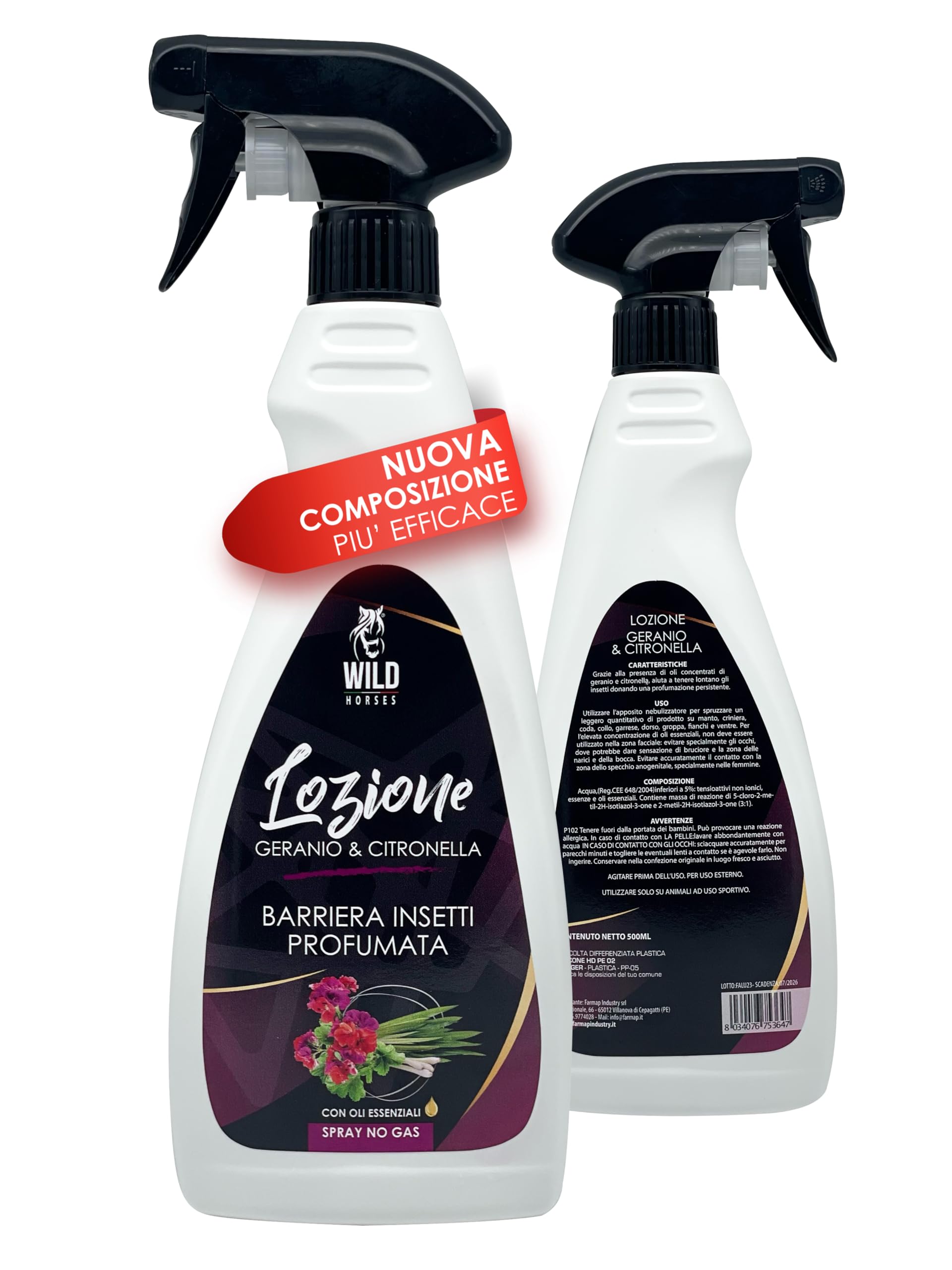 Wild Horses | Lozione Spray Repellente Zanzare e Antiparassitario per Cavalli, 100% Naturale, 500ml, Made in Italy (Geranio e Citronella)