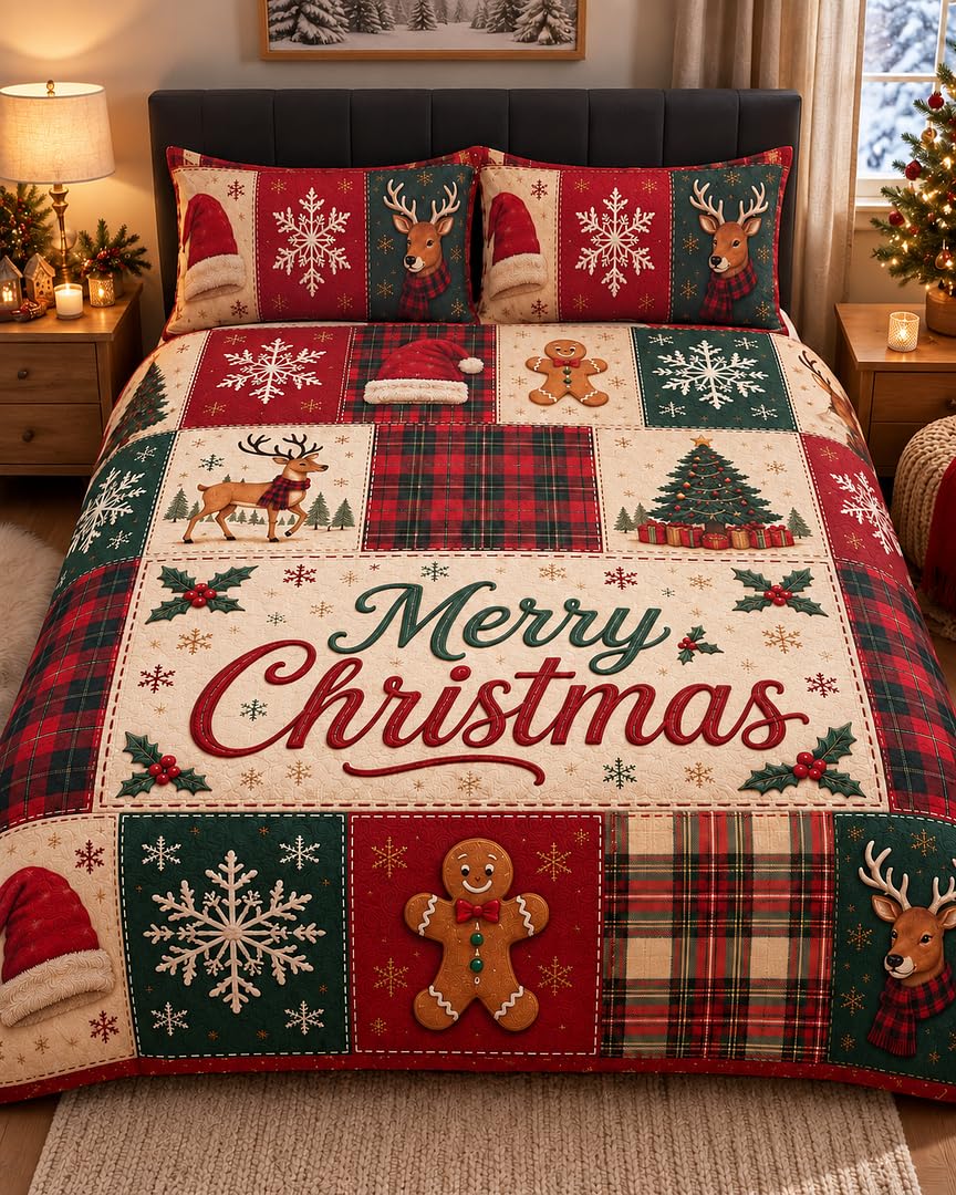 John Aird Merry Christmas Patchwork Duvet Cover Set with Matching Pillowcase(s), Festive Tartan, Reindeer & Gingerbread Print, Red & Green (Size: Double)