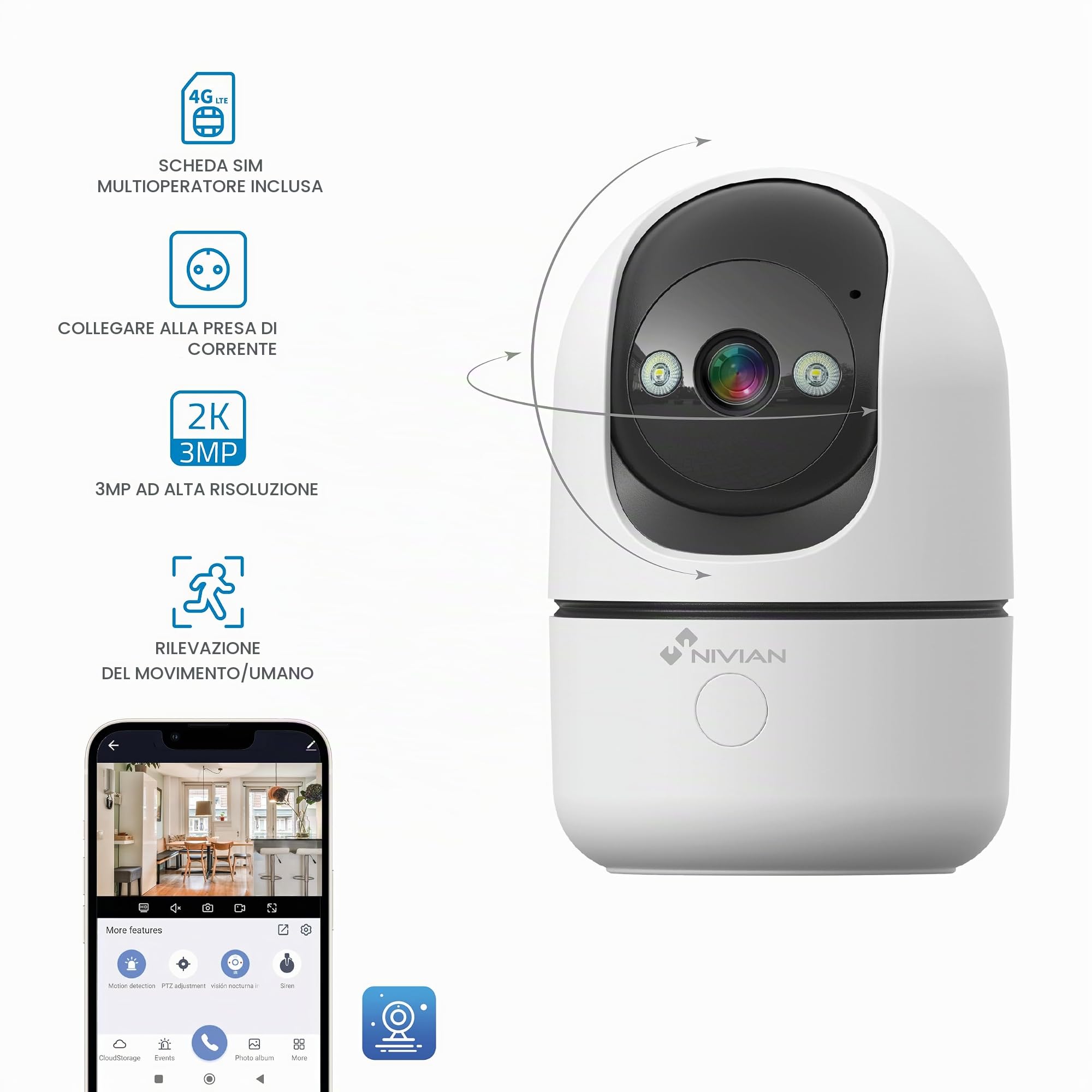 NIVIAN Telecamera di sorveglianza interna 4G scheda dati inclusa 3MP SuperHD 2K - visione notturna, rilevamento IA di esseri umani, auto-tracciamento, audio bidirezionale, movimento 350°, app tuya