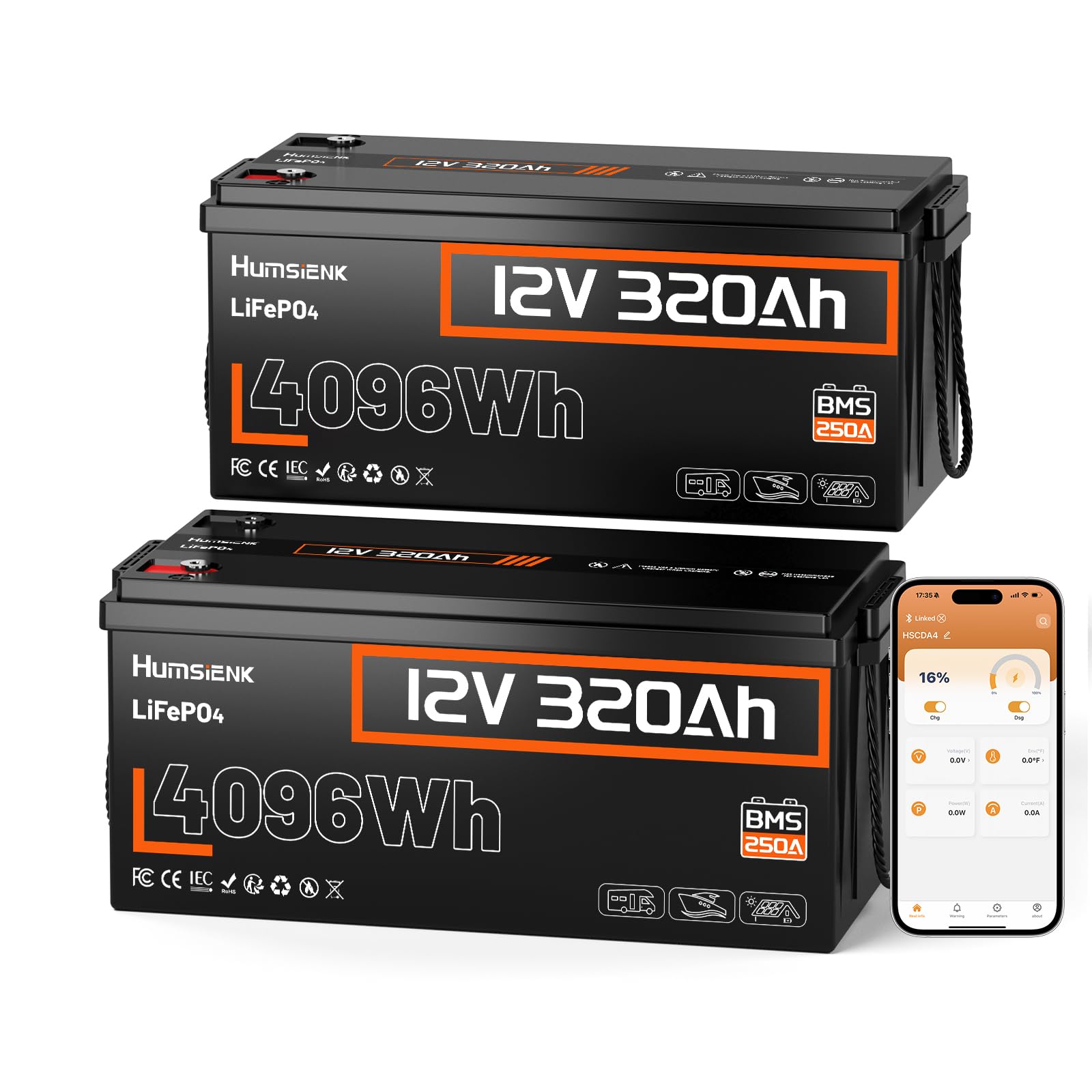 HumsiENK 12V 320Ah LiFePO4 Battery 2 Pack with Bluetooth (24V 320Ah / 12V 640Ah System), Batch-Matched 8.19kWh Deep Cycle Lithium Batteries, 250A BMS, Low-Temp Cut-Off, for RV, Off-Grid Solar, Marine