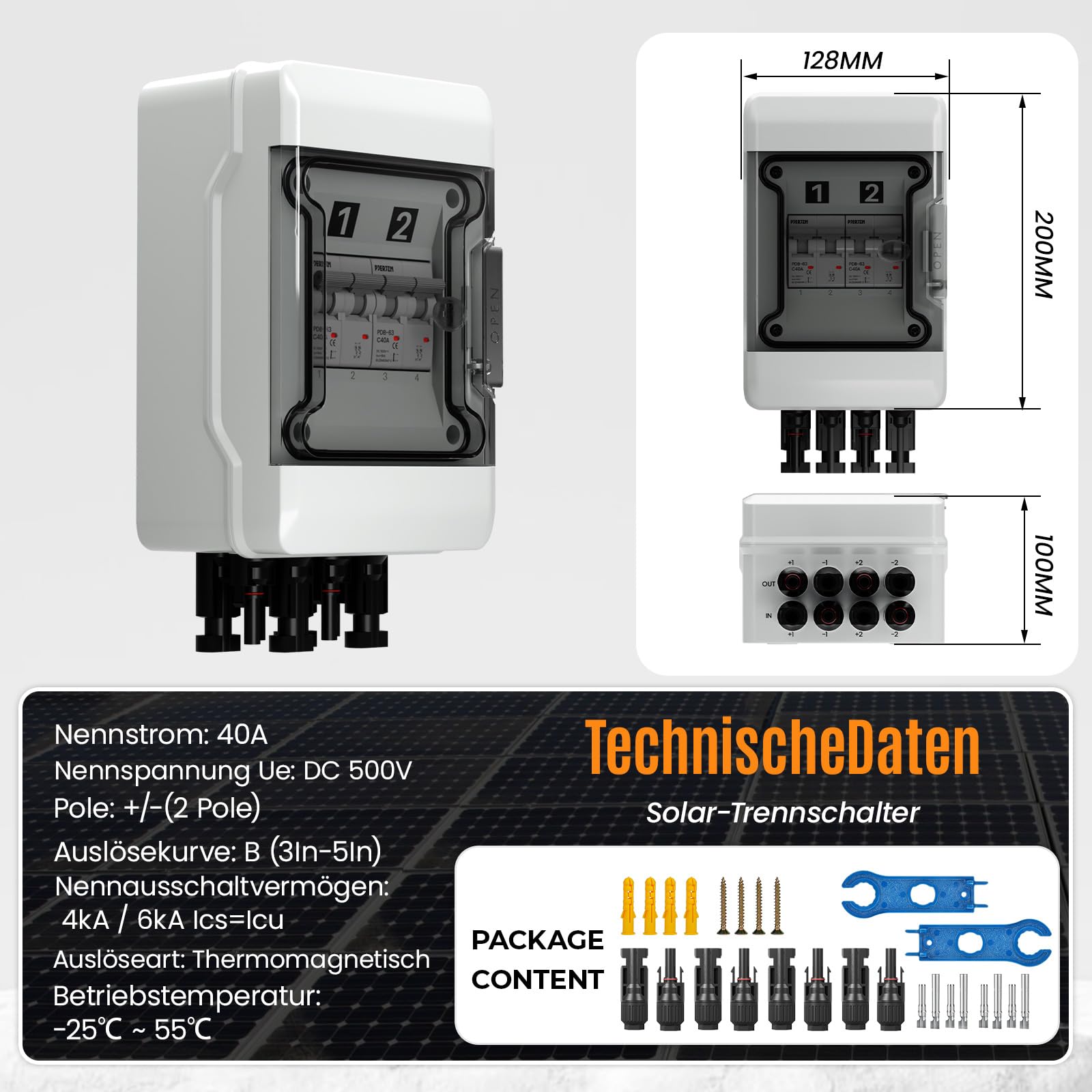 DC Trennschalter PV Anlage 500V 2 String, IP65 Wasserdichte Solar Combiner Box mit 2 polig 40A Leitungsschutzschalter, Kurzschluss- & Überstromschutz（2 in 2 out）
