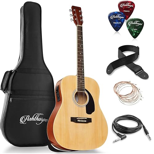 Ashthorpe Full-Size Dreadnought Acoustic-Electric Guitar Bundle - Premium Tonewoods - Natural