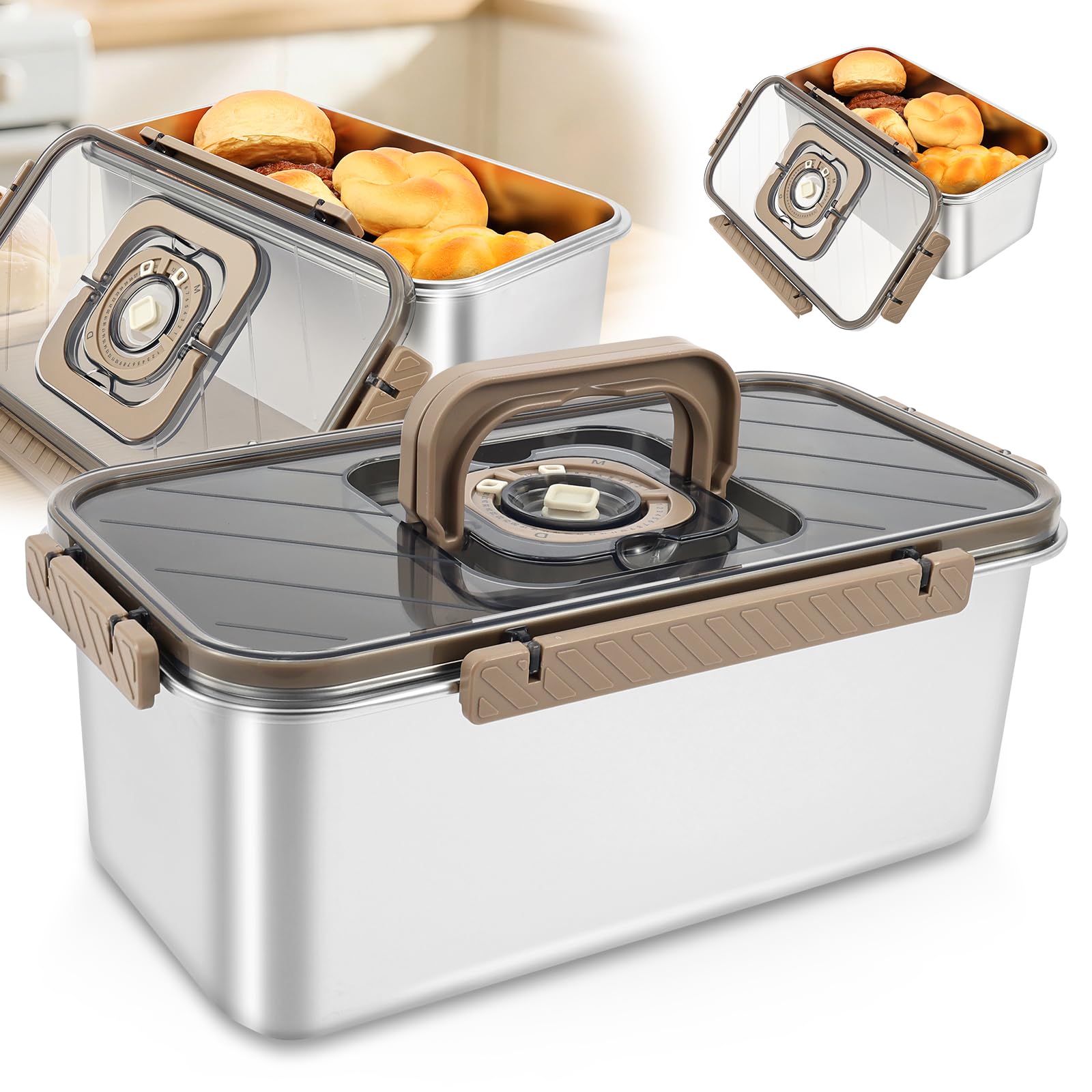 Bpyhebe Stainless Steel Bread Box with Time Recorder, 5800ml Large Airtight kitchen Bread Bins for Homemade Breads, Toast, Bagels & Cookies, Breads Storage Container with Lid and Hidden Handle