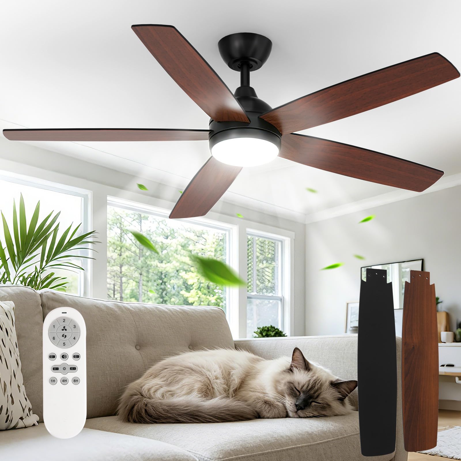 Dorlink Ceiling Fans with Lights and Remote, 52 Inch Flush Mount Ceiling Fan Light for Bedroom, Low Profile LED Ceiling Light with Fan, 6 Speeds Quiet DC Motor, Dimmable Reversible, Walnut/Black