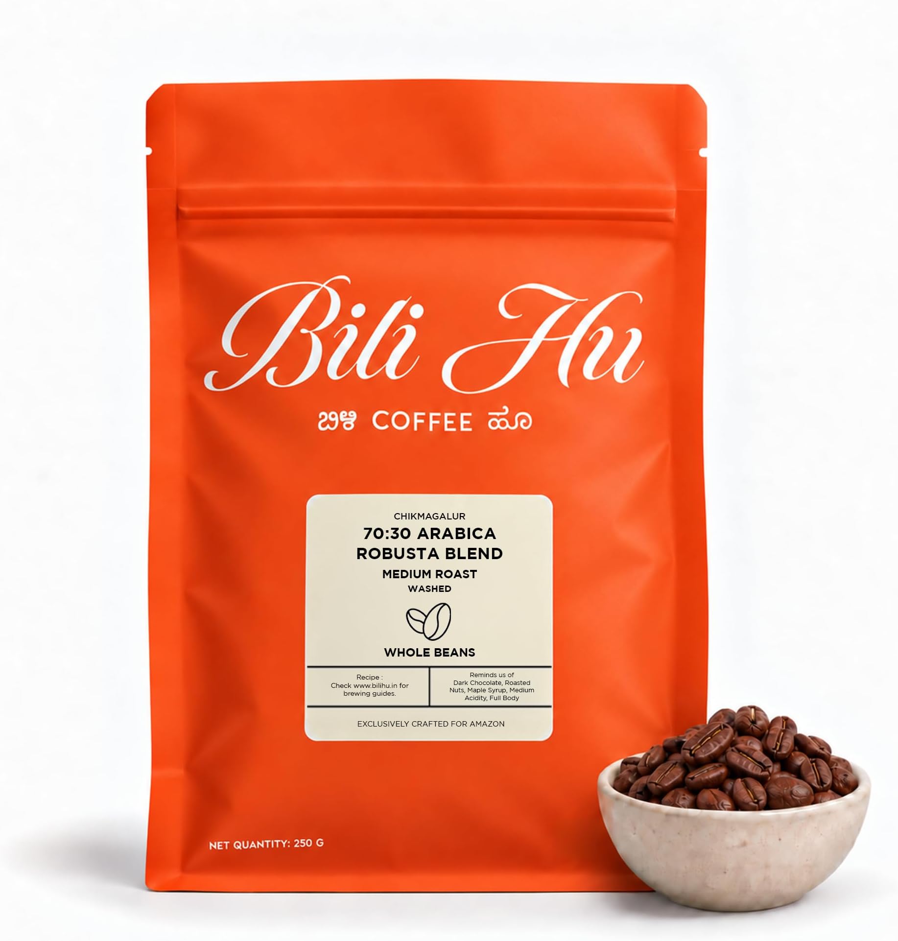 Bili Hu Coffee, Whole Coffee Beans, 70%-30% Arabica Robusta Blend, Medium Roast (Pack of 1, 250 Gms)
