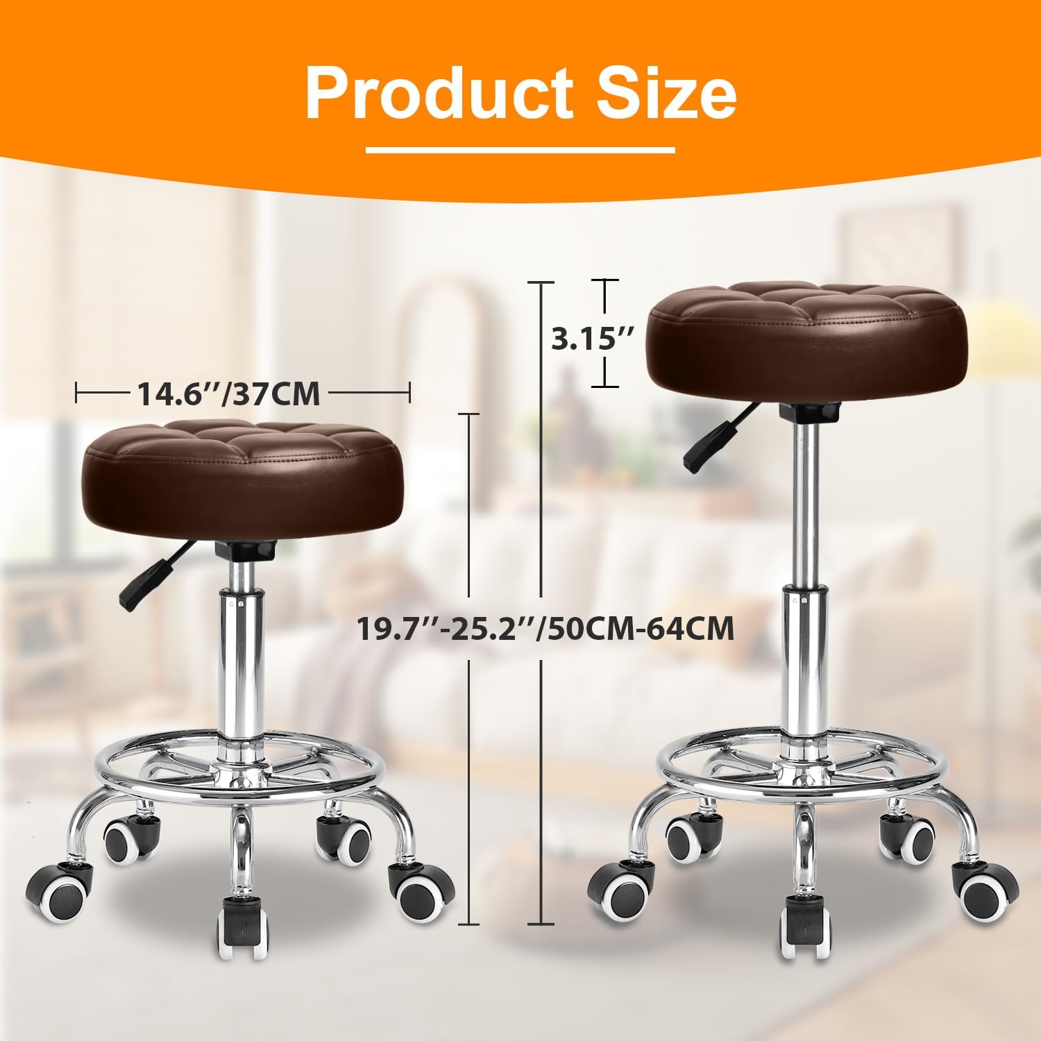 rolling stool pu leather round - ultra soft padded seat cushion stool with wheels with footrest, weight capacity 300lb,adjustable height stool for tattoo massage salon medical spa center (brown)
