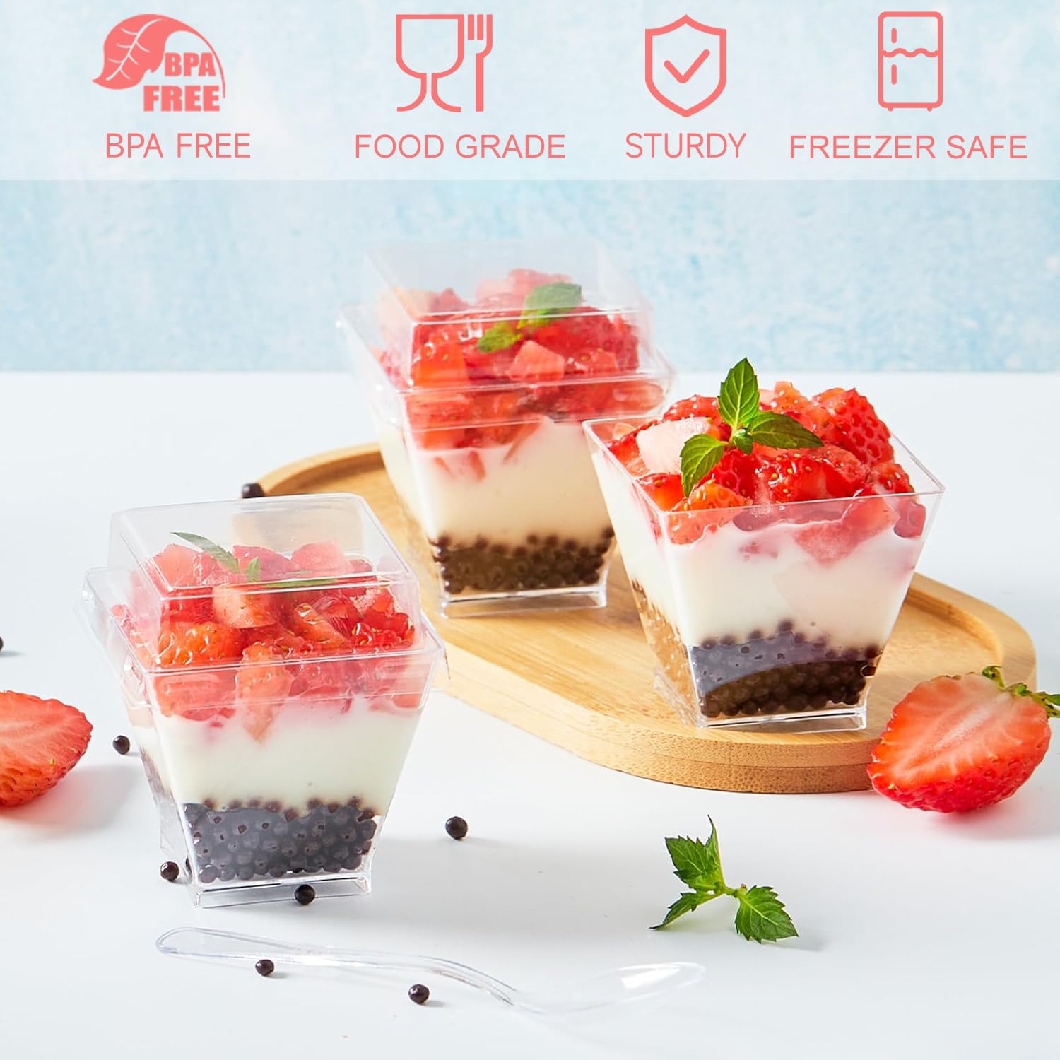 Mini vasos de postre de 2 onzas con tapas y cucharas, paquete de 100 vasos de plástico para postres, tazas cuadradas pequeñas para servir para fiestas, pudín individual