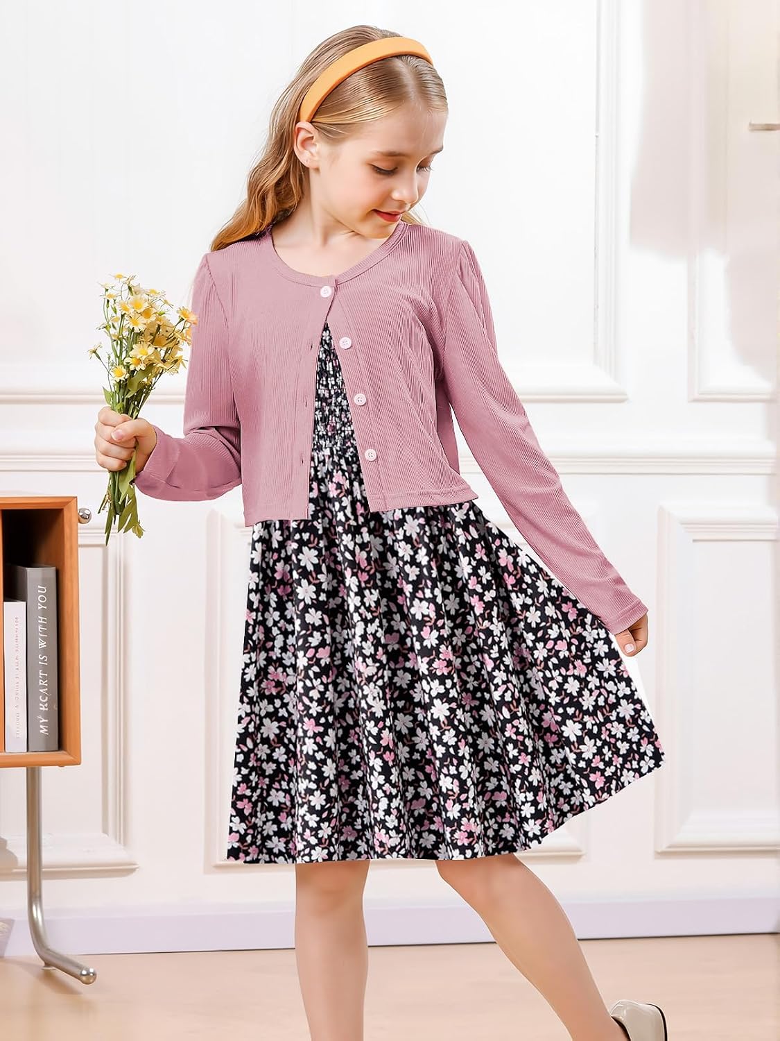 RAISEVERN Girls Casual Adjustable Strap Sleveless Dress Cardigan Set Size 5-12Y