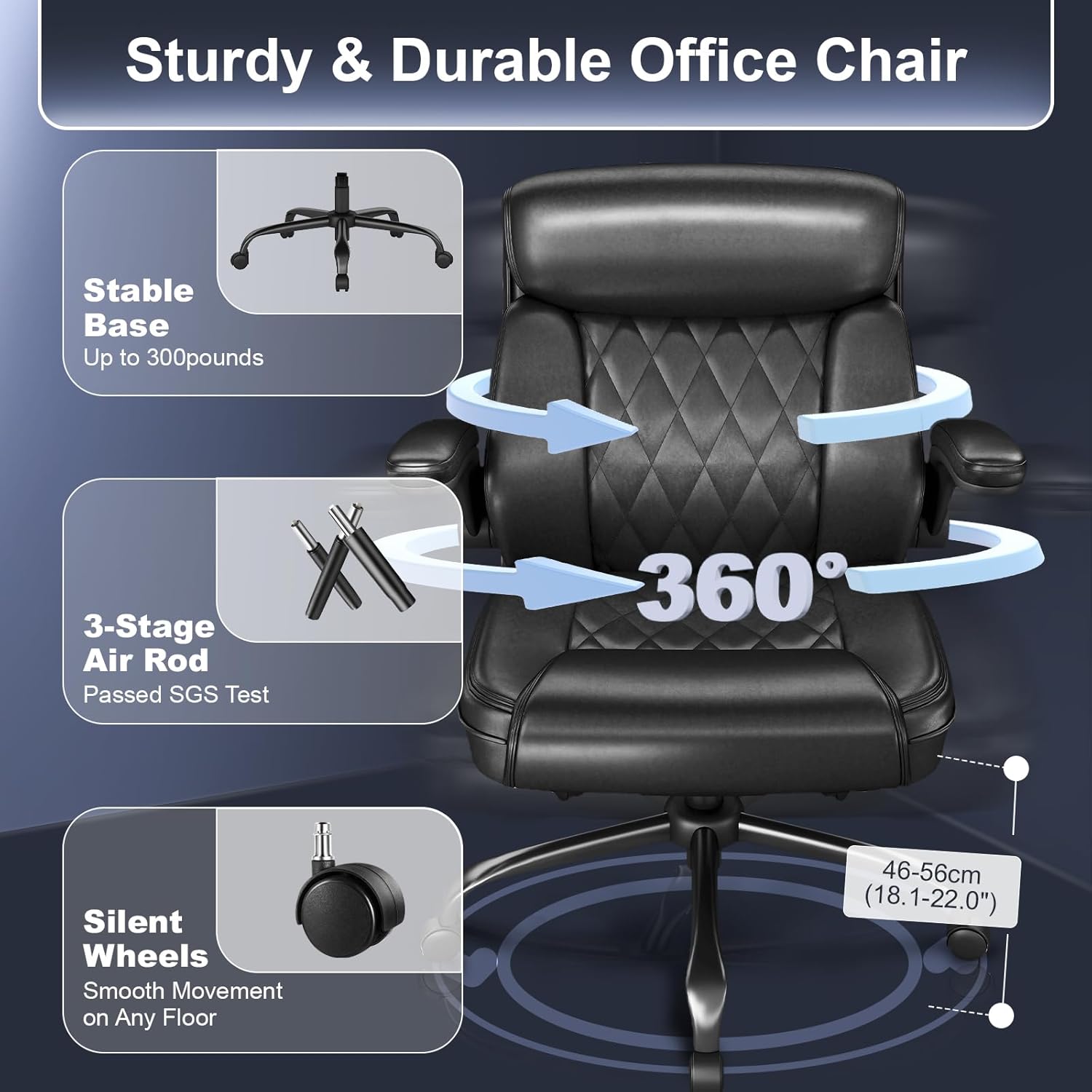 Executive Leather Office Chair, Ergonomic Mid-Back Desk Chairs for Home Office with Flip-up Armrests, Lumbar Support, Adjustable Height and Swivel Rolling Wheels, 8PC, Black