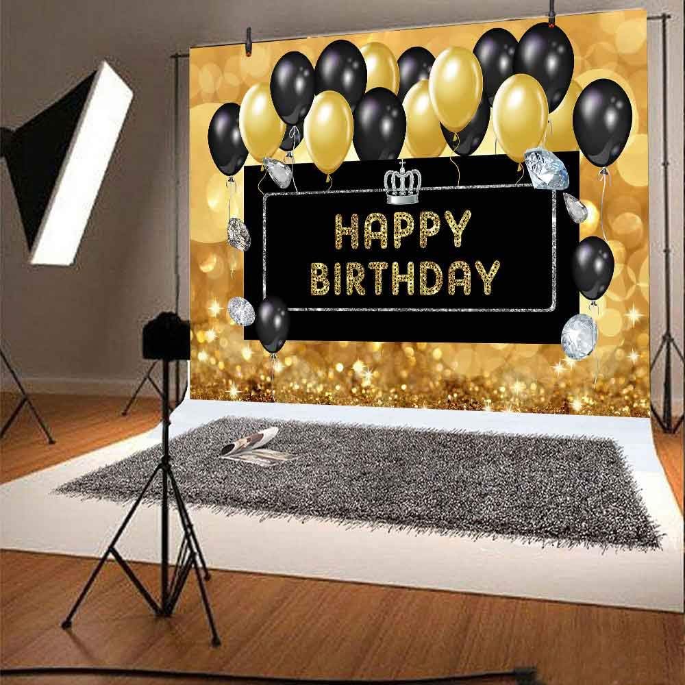 Blасk Frіdау Sаlе 2022 FHZON 10x7ft Happy Birthday Backdrop Black and Gold Balloons Crown Diamond Theme Party Wallpaper Photo Booth Props LSFH1177