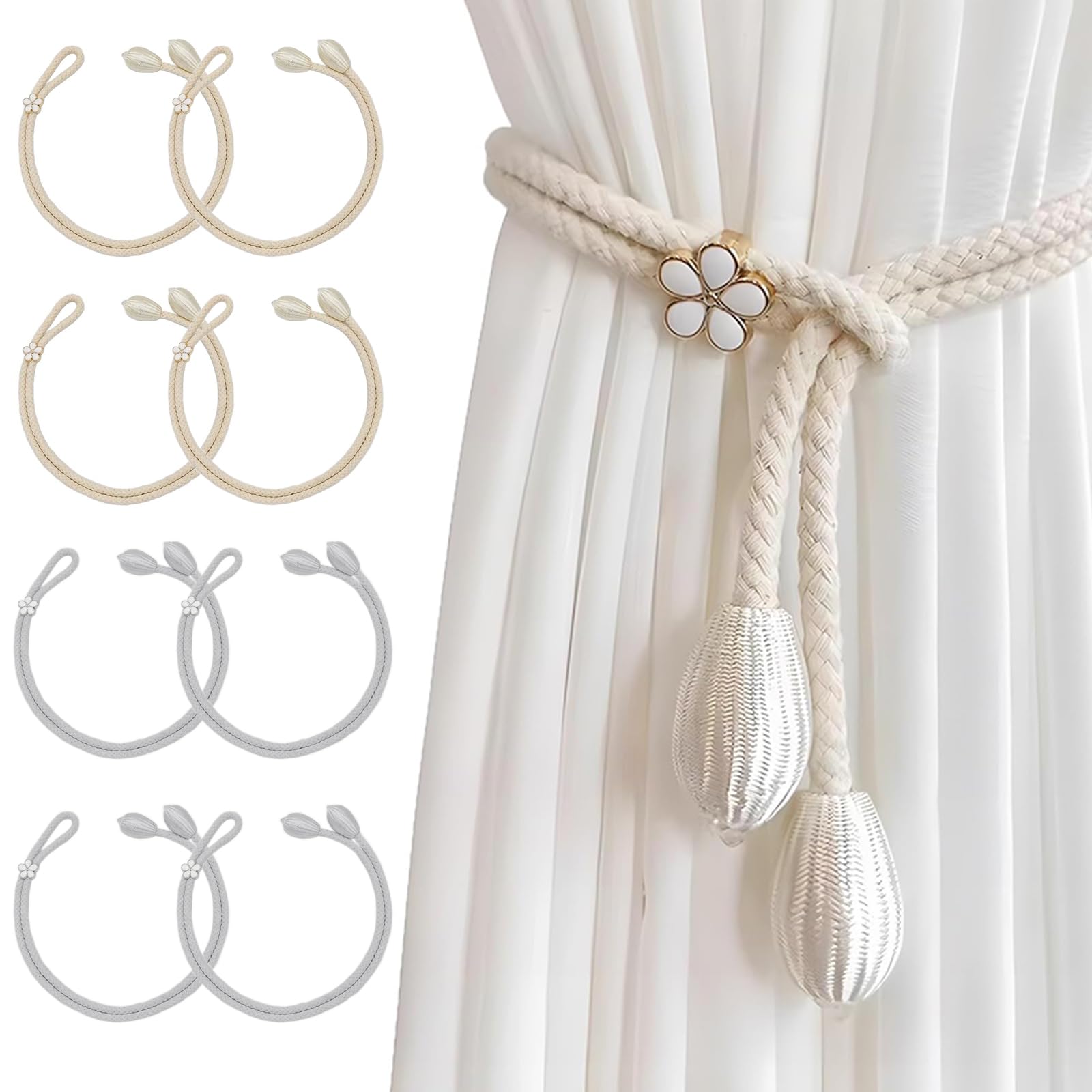 Embrasses De Rideaux Fleurs En Coton/lin - Lot De 2, Sans Perçage - Style Bohème Pour Salon Et Chambre (beige) - 8