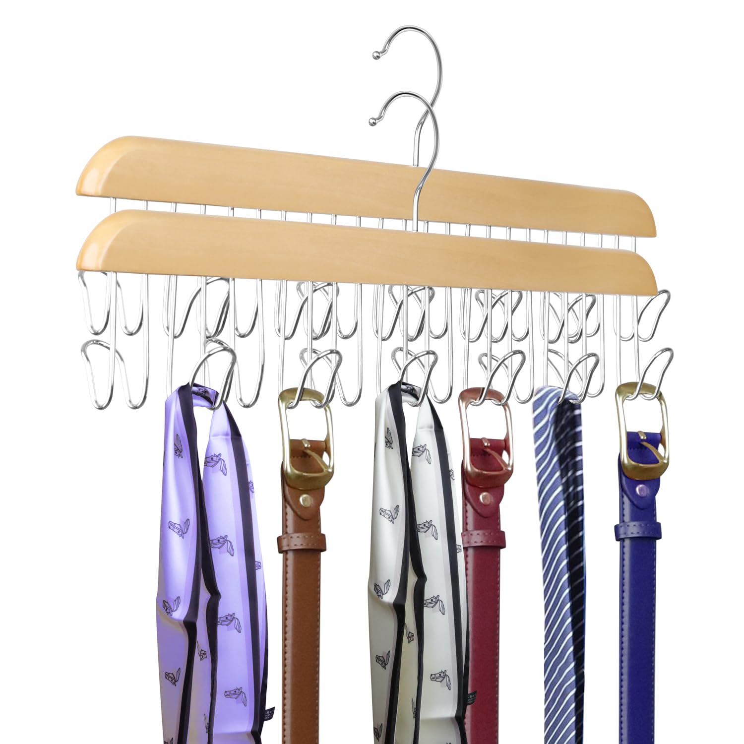 ManGotree Wooden Belt Hangers for Closet, Belts and Ties Storage Holder with 12 Hooks, Space Saving Wood Belt Organizer Rack for Scarves, Hats, Bra, Tank Tops, Accessories (2 Pack, Natural)