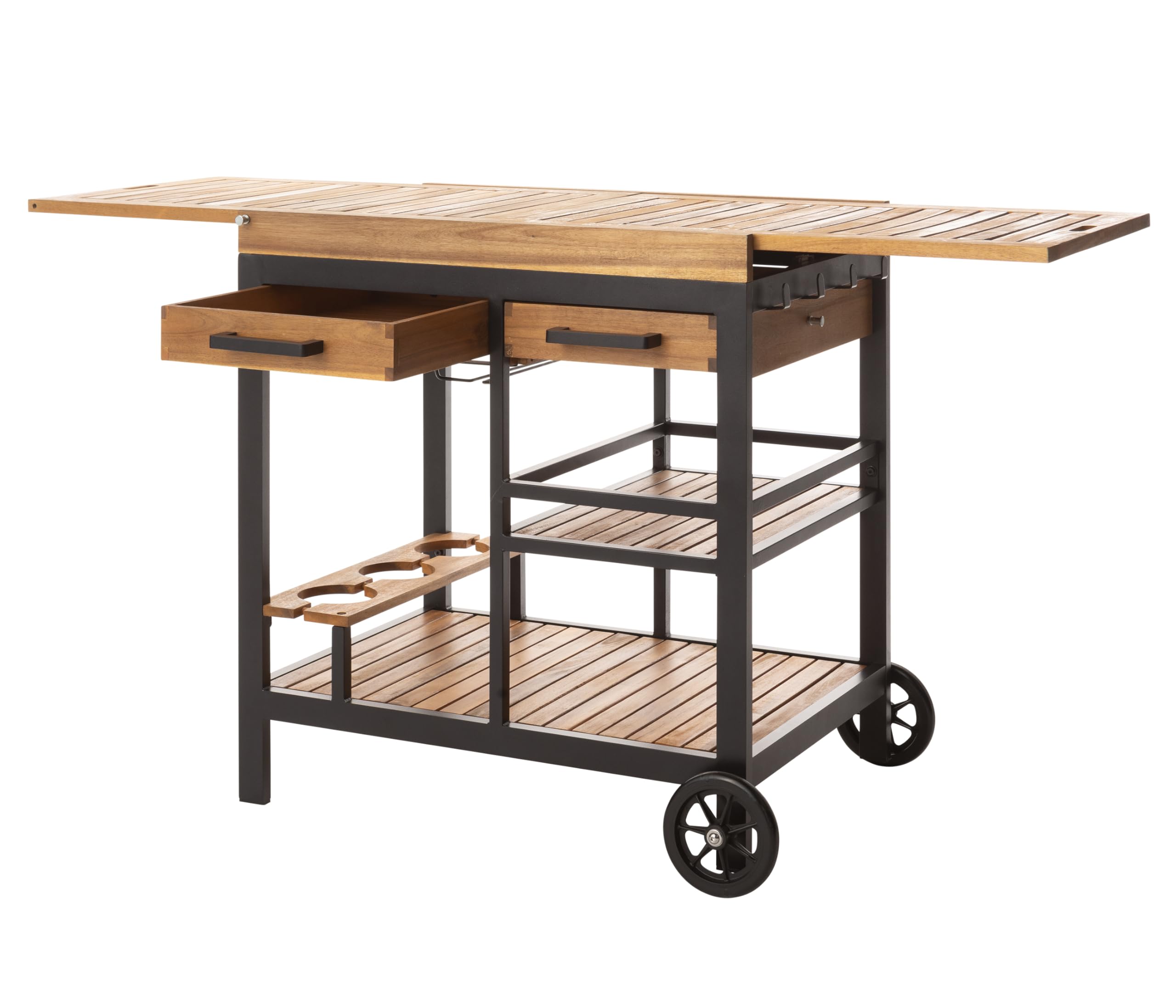Dehner Servierwagen Liverpool, rollbar, mit Gläserhalterung, 150 x 82 x 52 cm, Aluminium/FSC®-zertifiziertes Akazienholz, schwarz/Natur