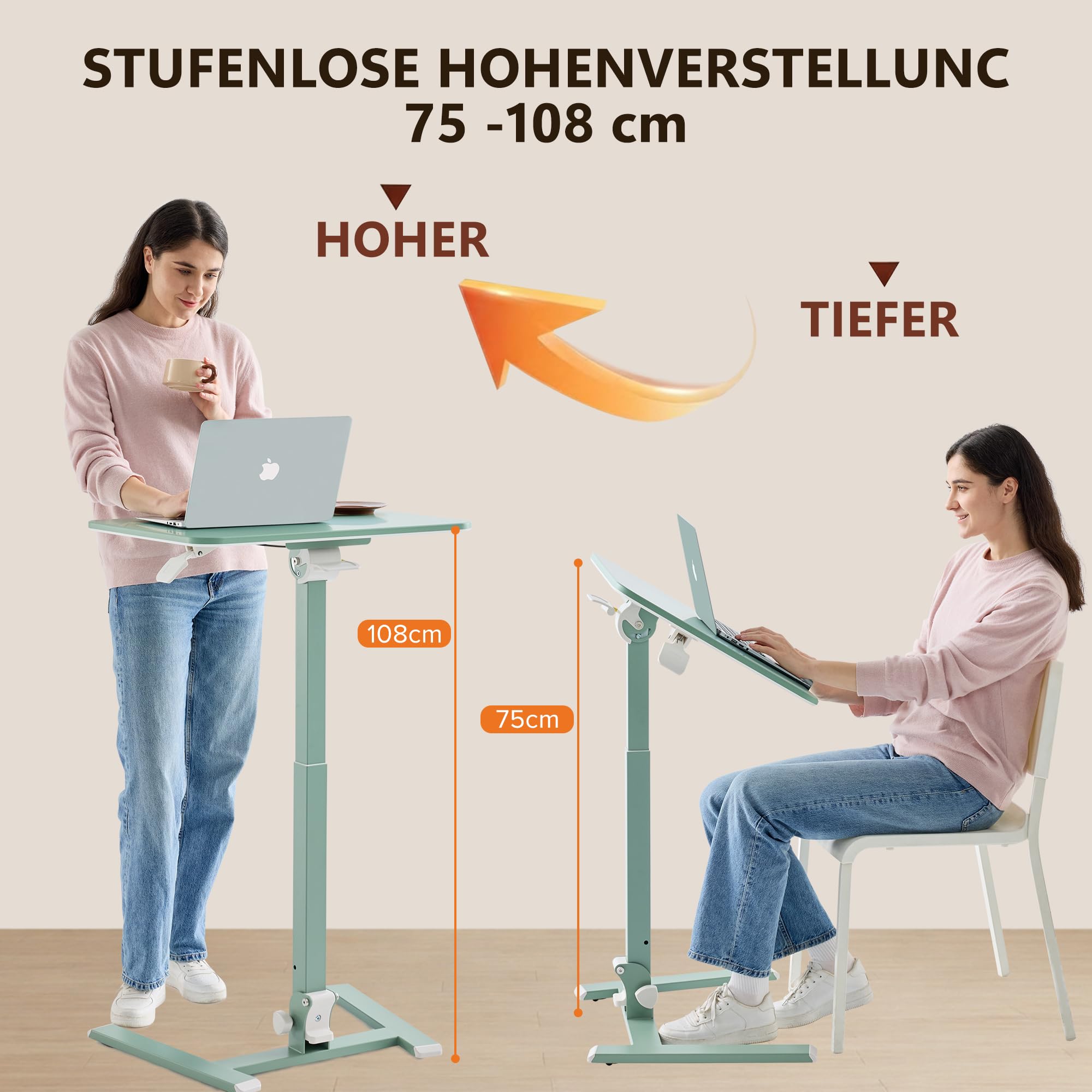 MUSSO AnyDesk D7 Tavolino da Letto per PC Portatile, Scrivania Mobile Regolabile in Altezza (75-108cm), Pupitre Pieghevole Inclinabile 0-90°, Supporto Ergonomico per Telelavoro, Divano & Letto (Verde