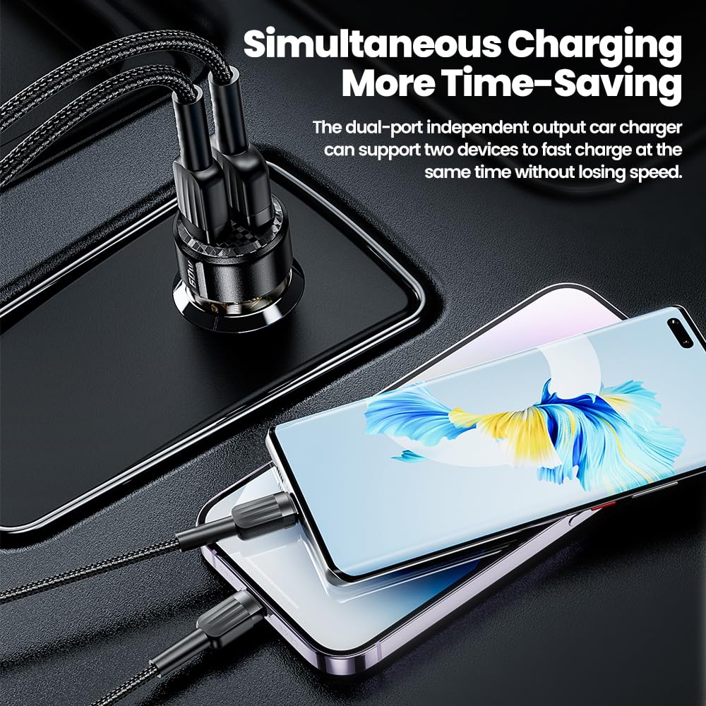 TRON 60W Dual Port Fast Car Power Adapter (30W PD USB-C + 30 USB-A) Transparent Kompakt Zigarettenanzünder Ladegerät für iPhone, Samsung, Android - Braun Schwarz -TR13